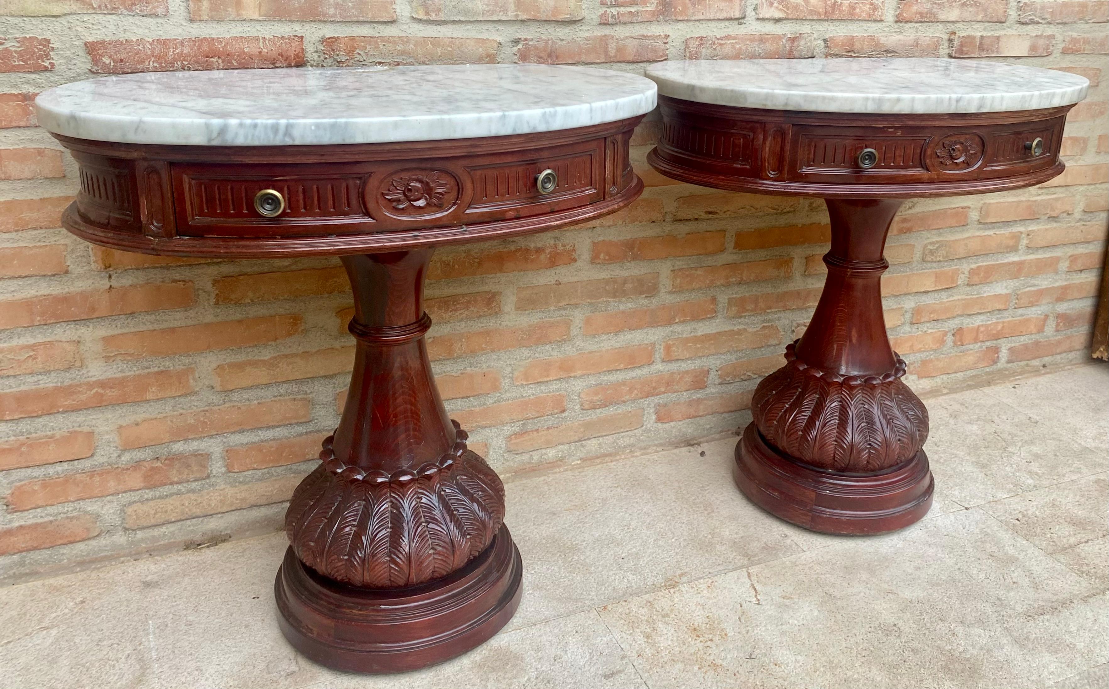 20th Century Carved Wood Demi Lune Nightstands with Marble Top, 1940, Set of 2 For Sale