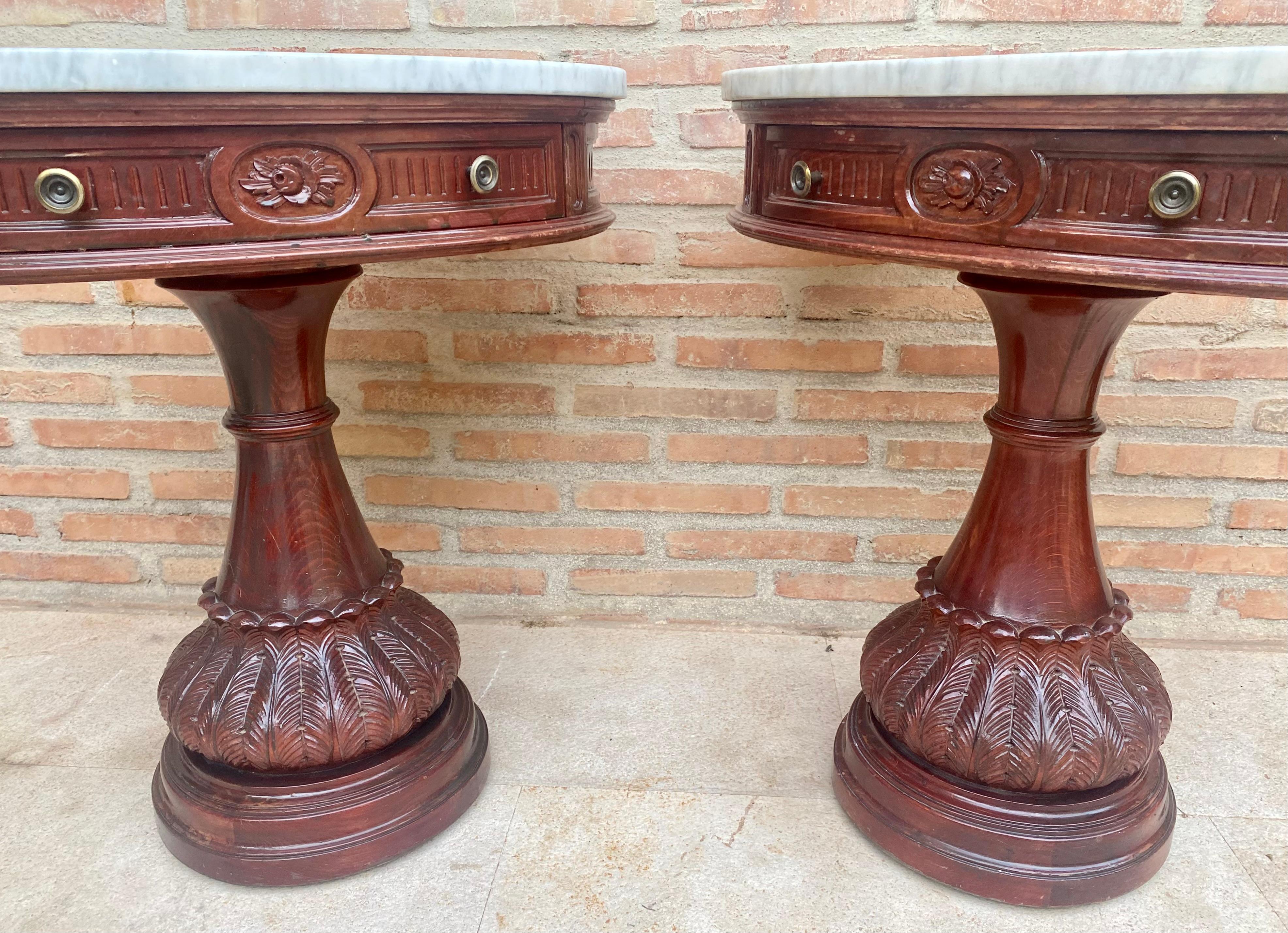 Carved Wood Demi Lune Nightstands with Marble Top, 1940, Set of 2 For Sale 1