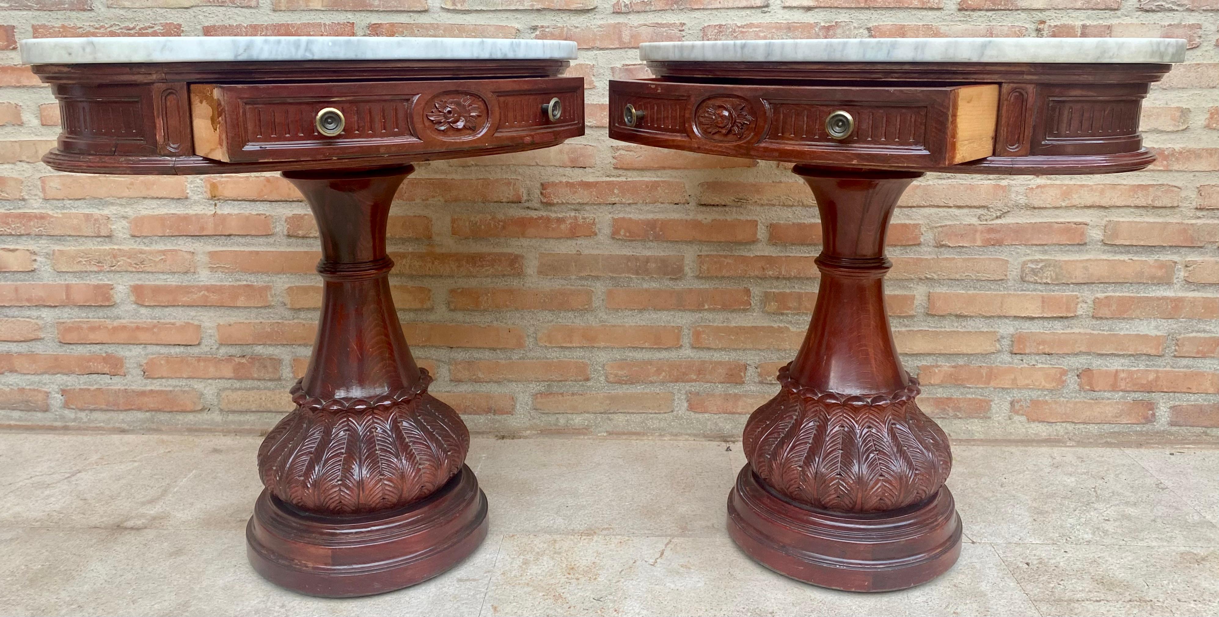 Carved Wood Demi Lune Nightstands with Marble Top, 1940, Set of 2 For Sale 2