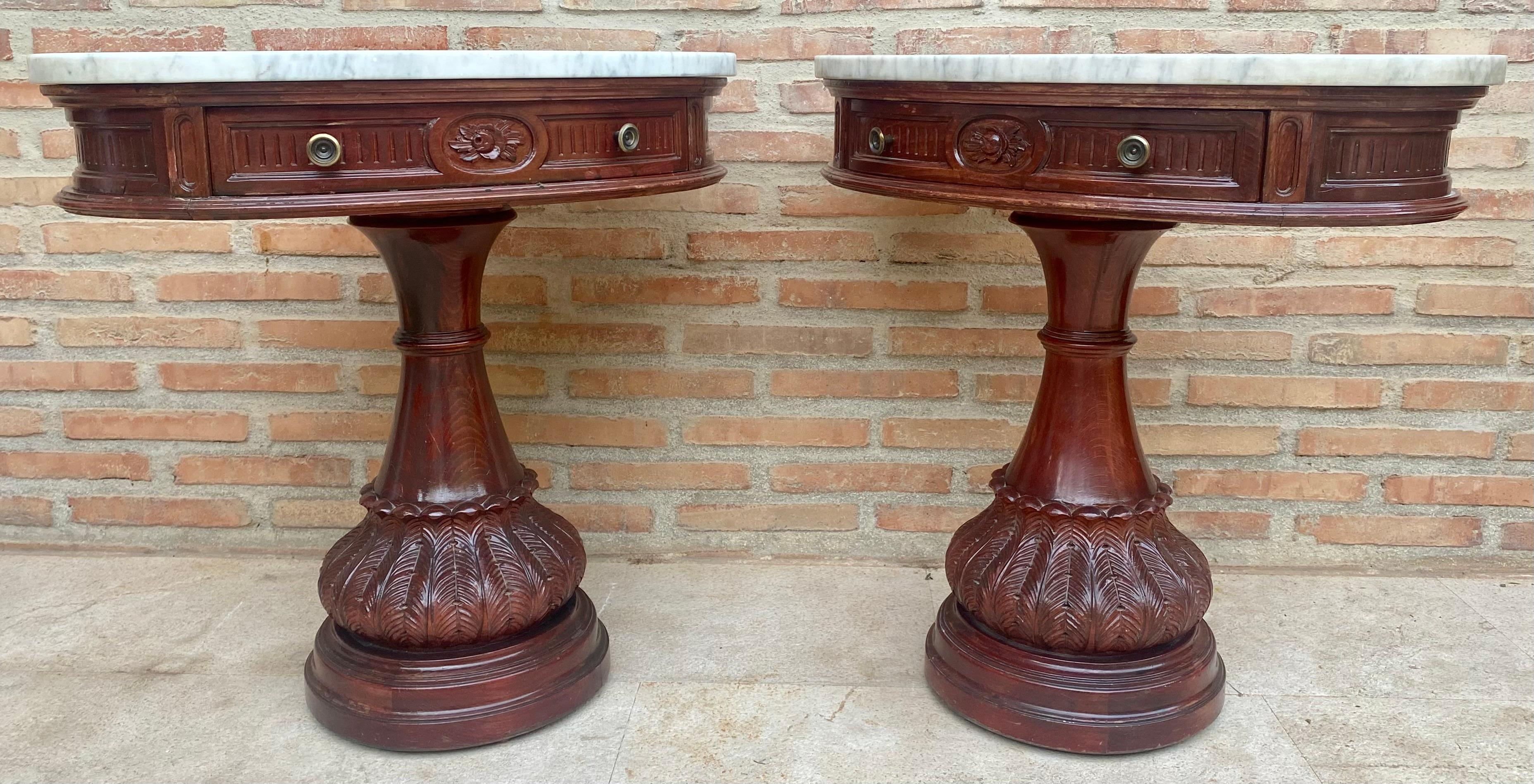 Carved Wood Demi Lune Nightstands with Marble Top, 1940, Set of 2 For Sale 3