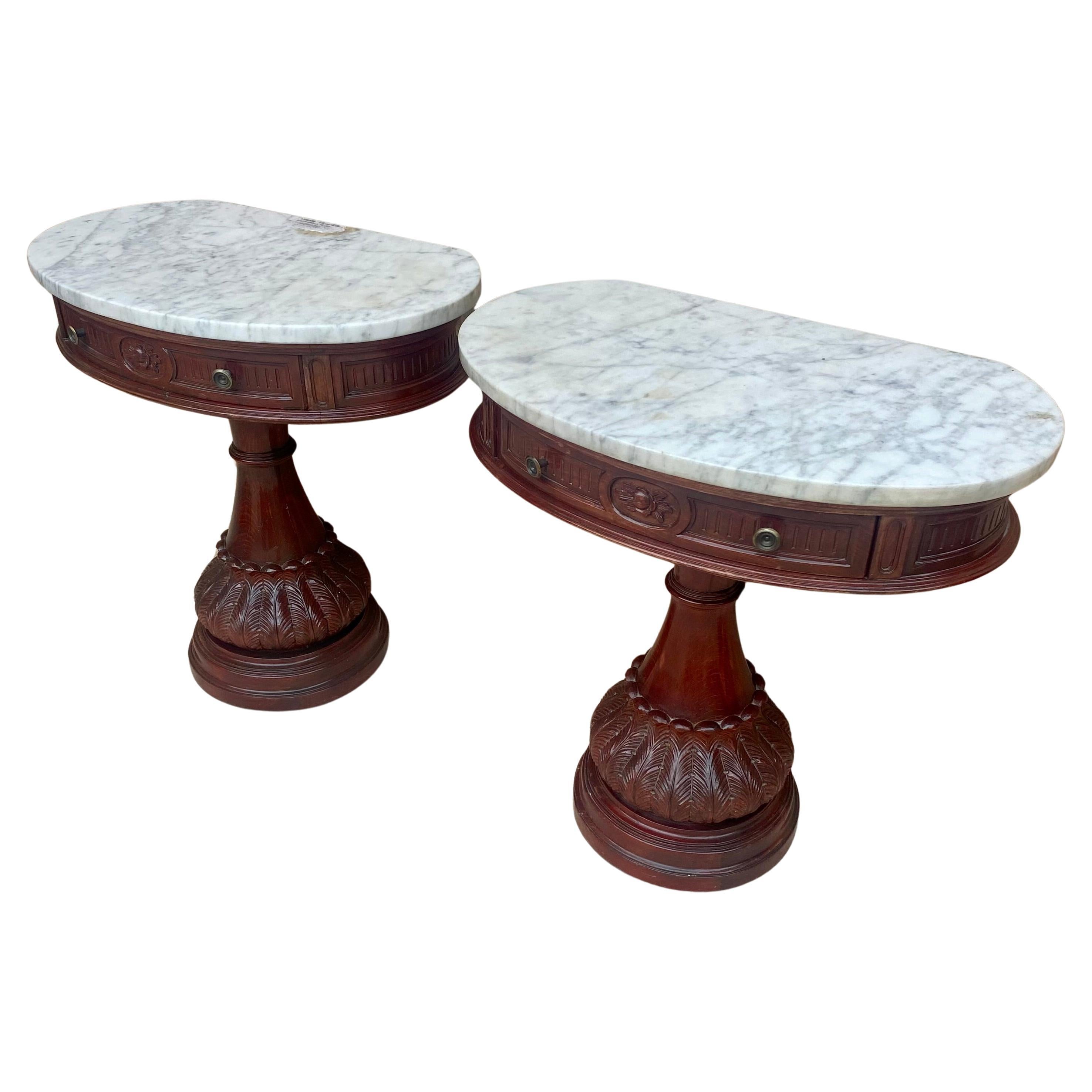 Carved Wood Demi Lune Nightstands with Marble Top, 1940, Set of 2 For Sale