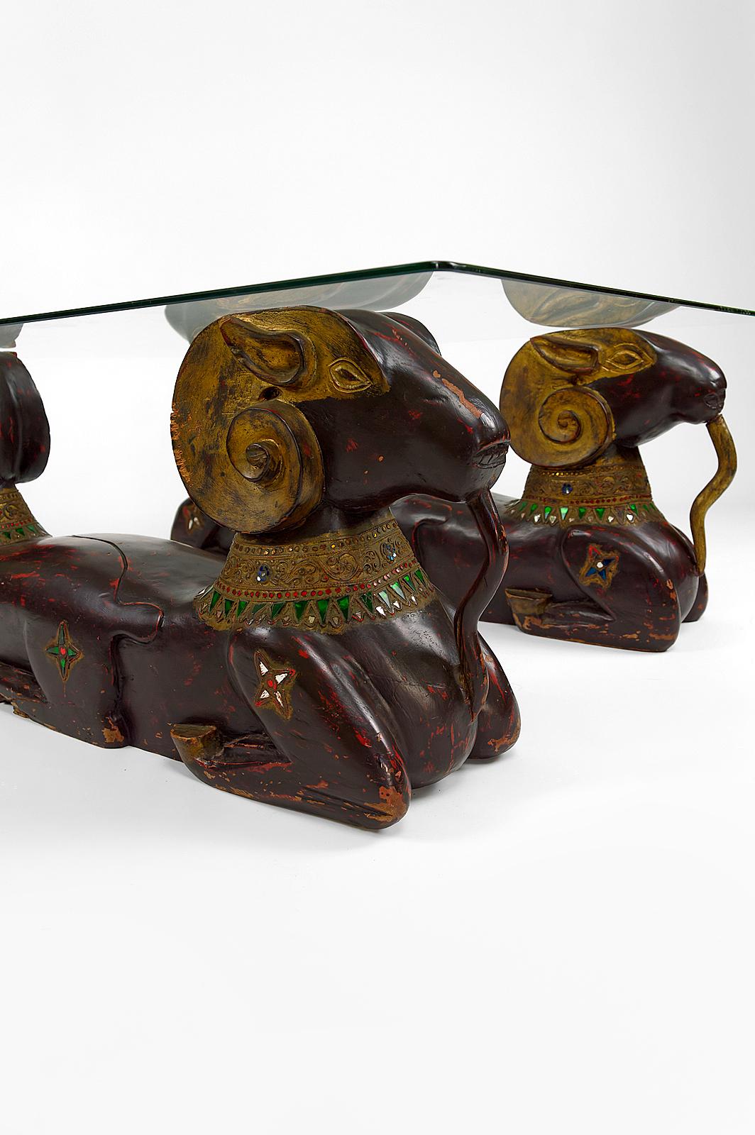 Carved Wood Double Rams Head Coffee Table, Hollywood Regency, circa 1970 For Sale 7