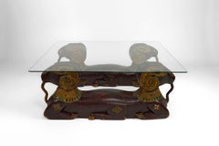 Carved Wood Double Rams Head Coffee Table, Hollywood Regency, circa 1970