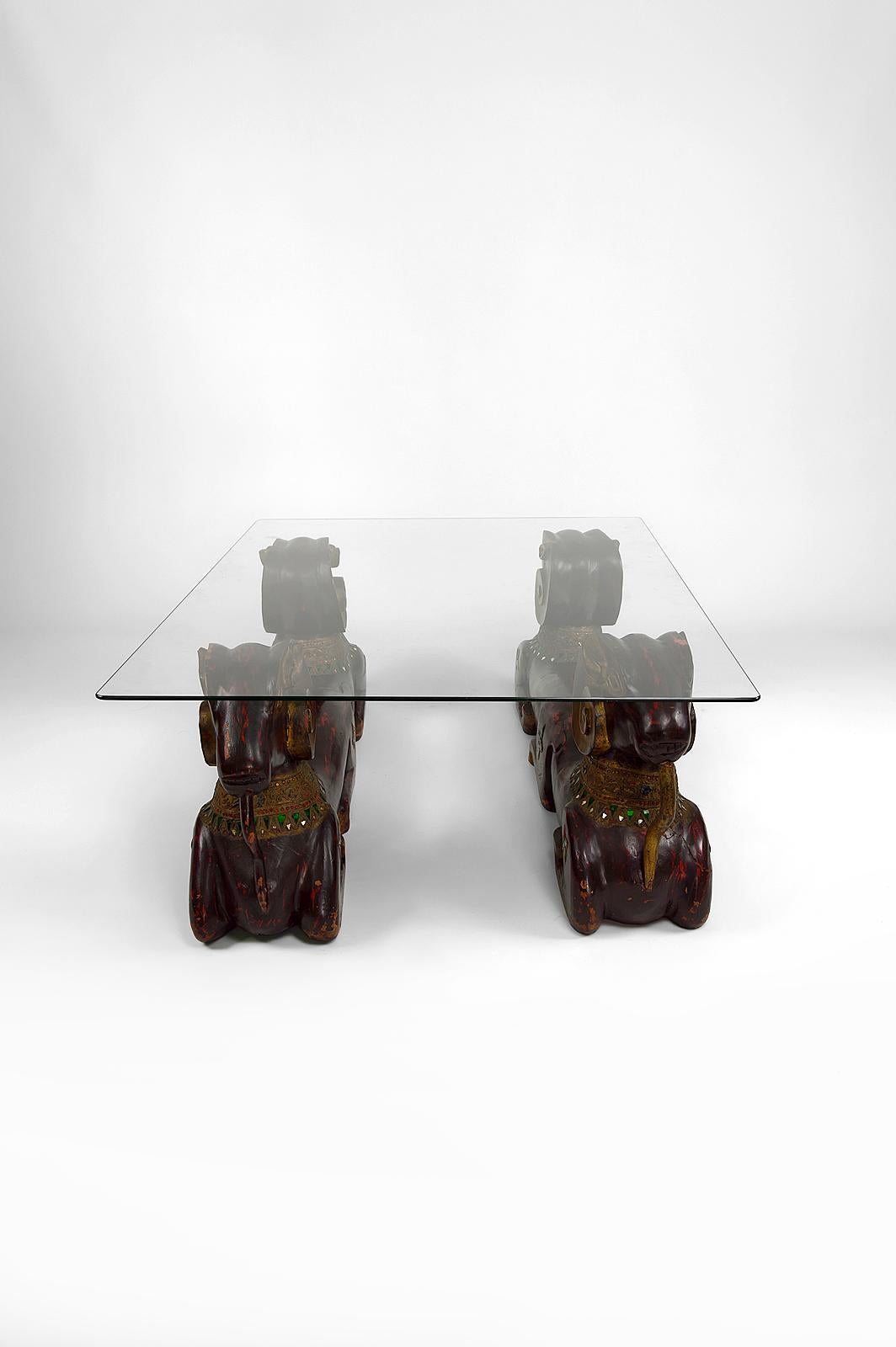 Glass Carved Wood Double Rams Head Coffee Table, Hollywood Regency, circa 1970 For Sale