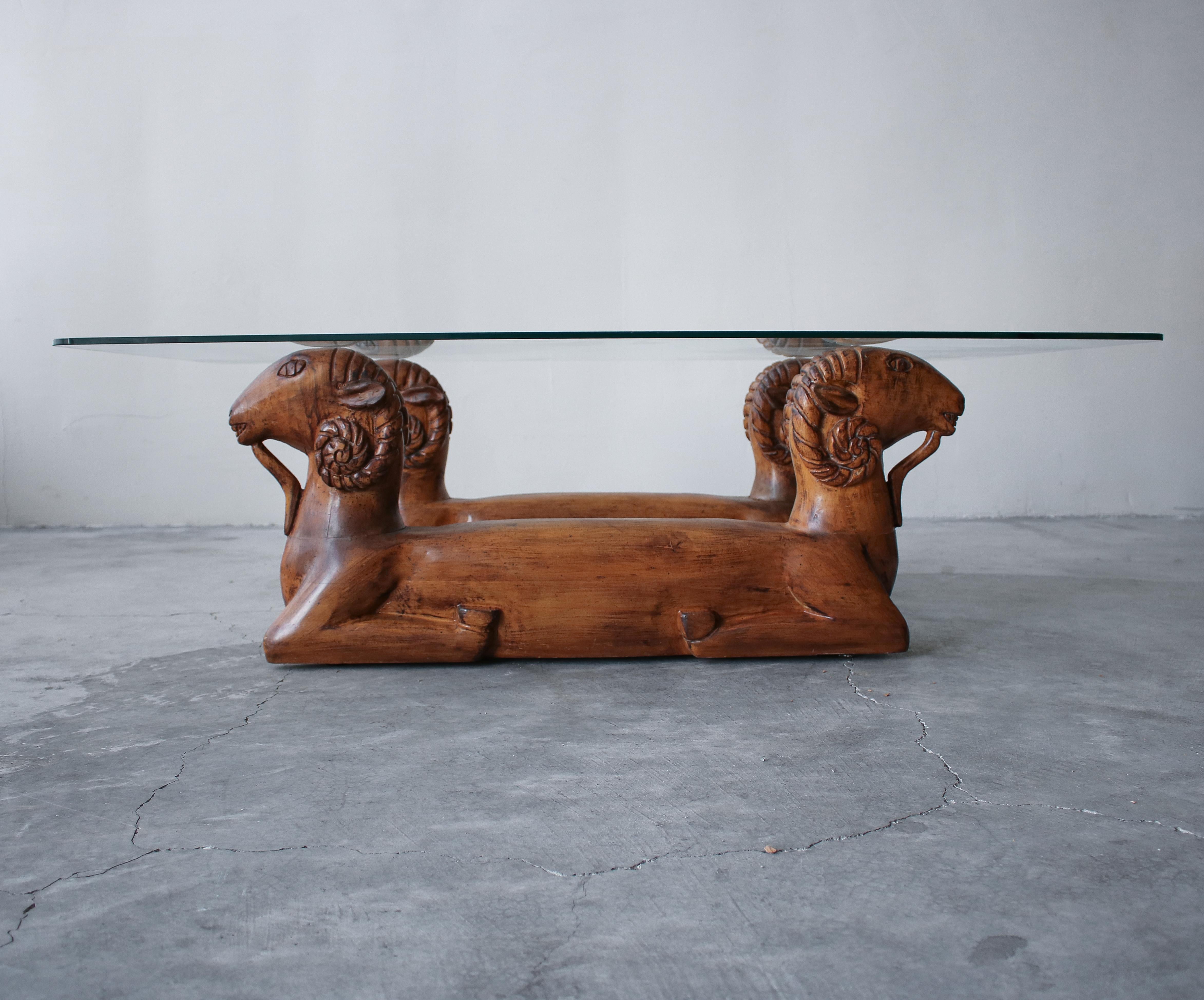 Hand-Carved Carved Wood Double Rams Head Coffee Table