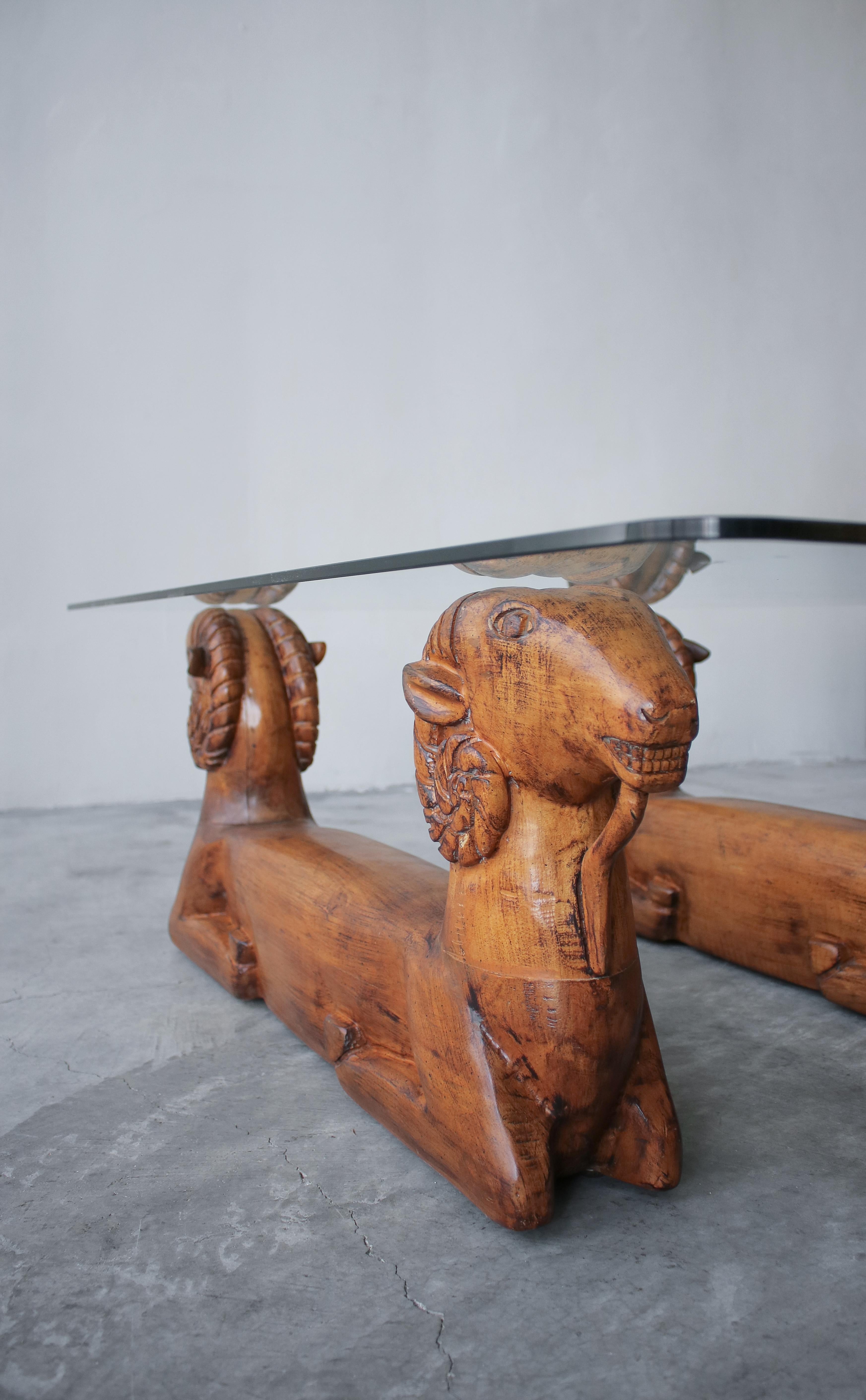 Carved Wood Double Rams Head Coffee Table 1