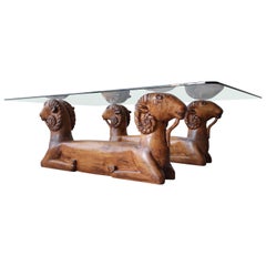 Carved Wood Double Rams Head Coffee Table