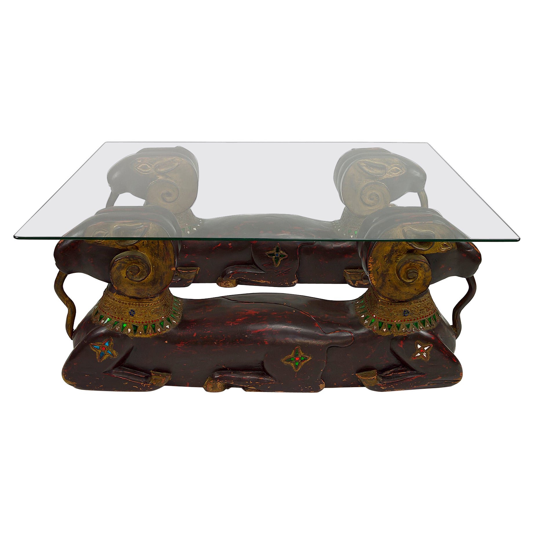 Mesa de centro con doble cabeza de carnero de madera tallada, Hollywood Regency, circa 1970 en venta