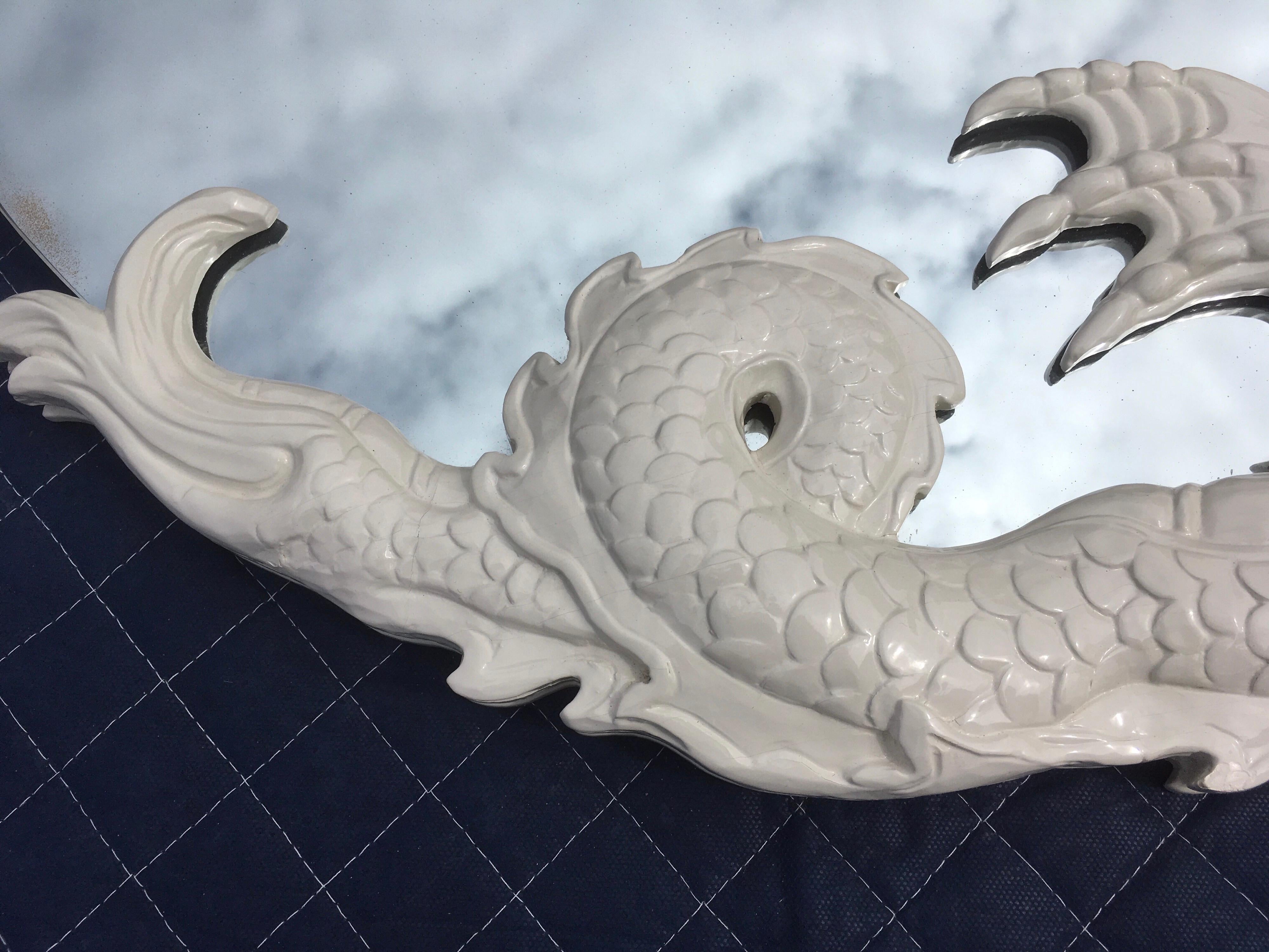 Carved Wood Dragon Designer Wall Mirror, White 6