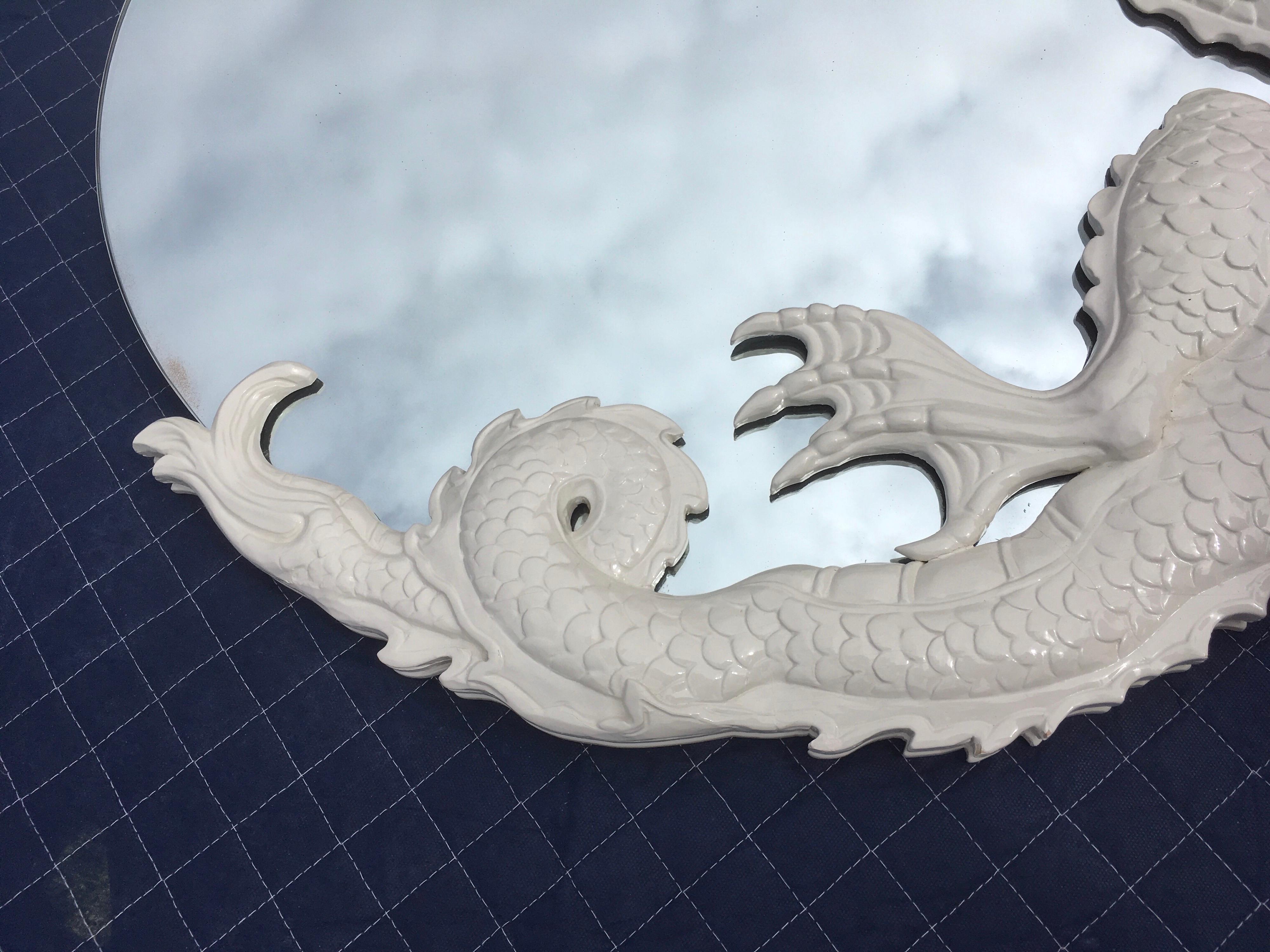 Carved Wood Dragon Designer Wall Mirror, White In Good Condition In Miami, FL