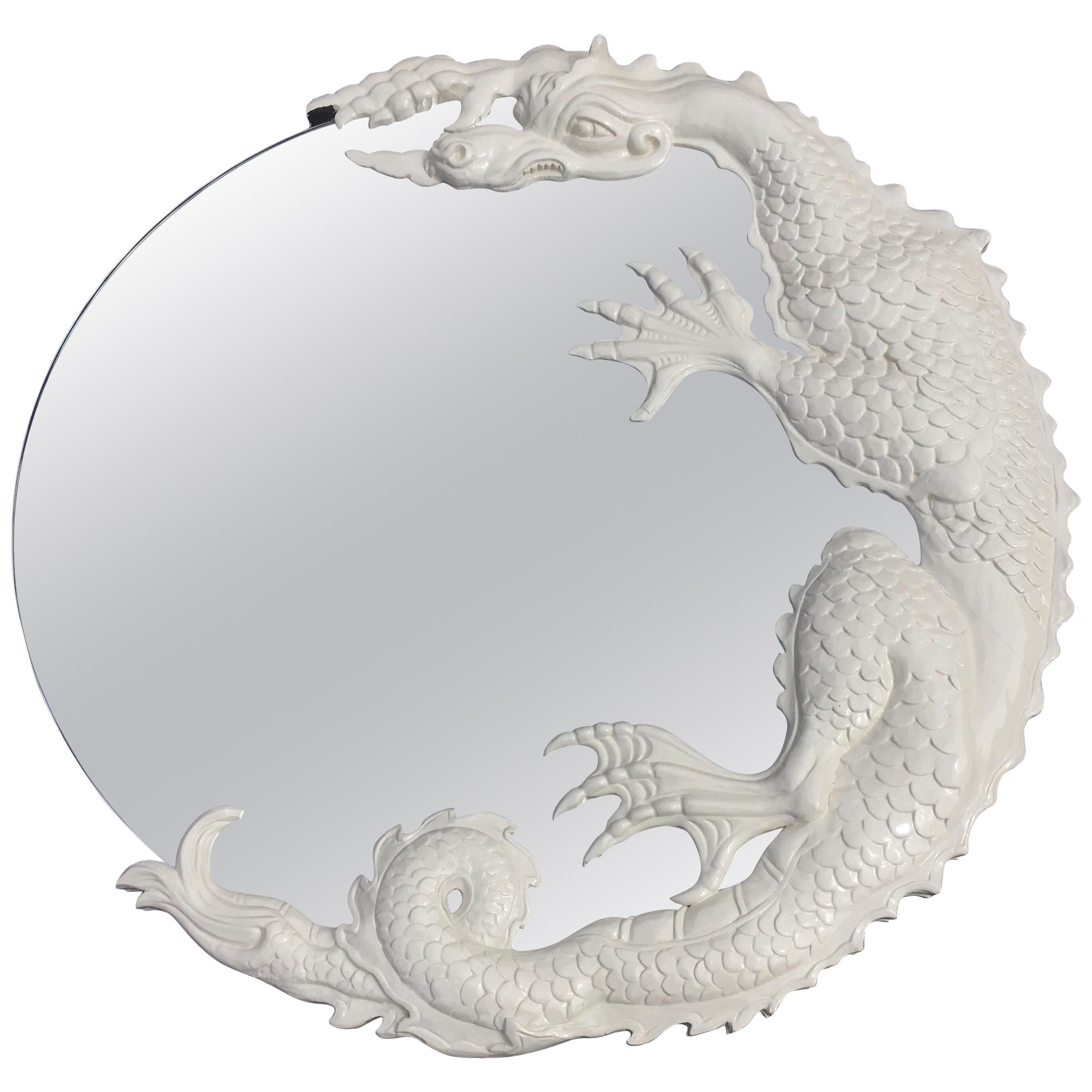 Carved Wood Dragon Designer Wall Mirror, White