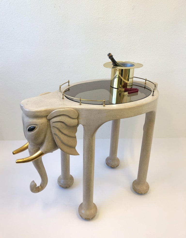 Carved Wood Elephant Bar Cart by Marge Carson In Excellent Condition For Sale In Palm Springs, CA