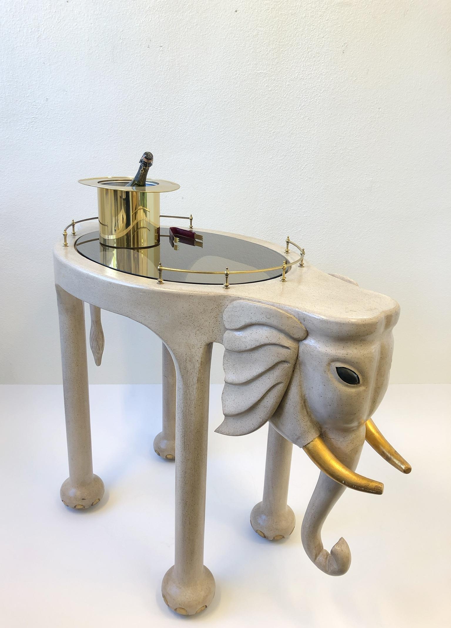 Lacquered Carved Wood Elephant Bar Cart by Marge Carson For Sale