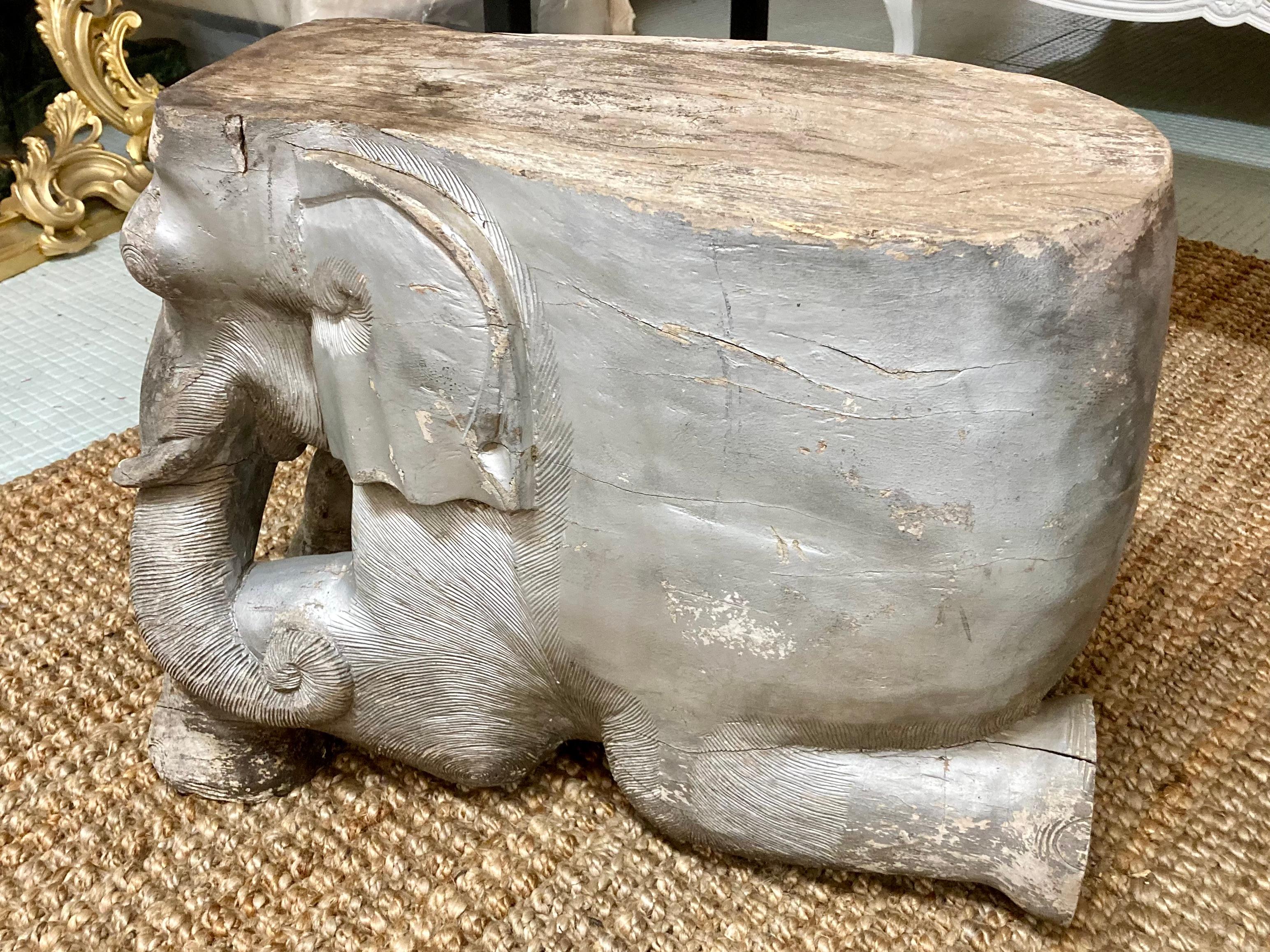 American Carved Wood Elephant Cocktail Table/Seat Right Trunk For Sale