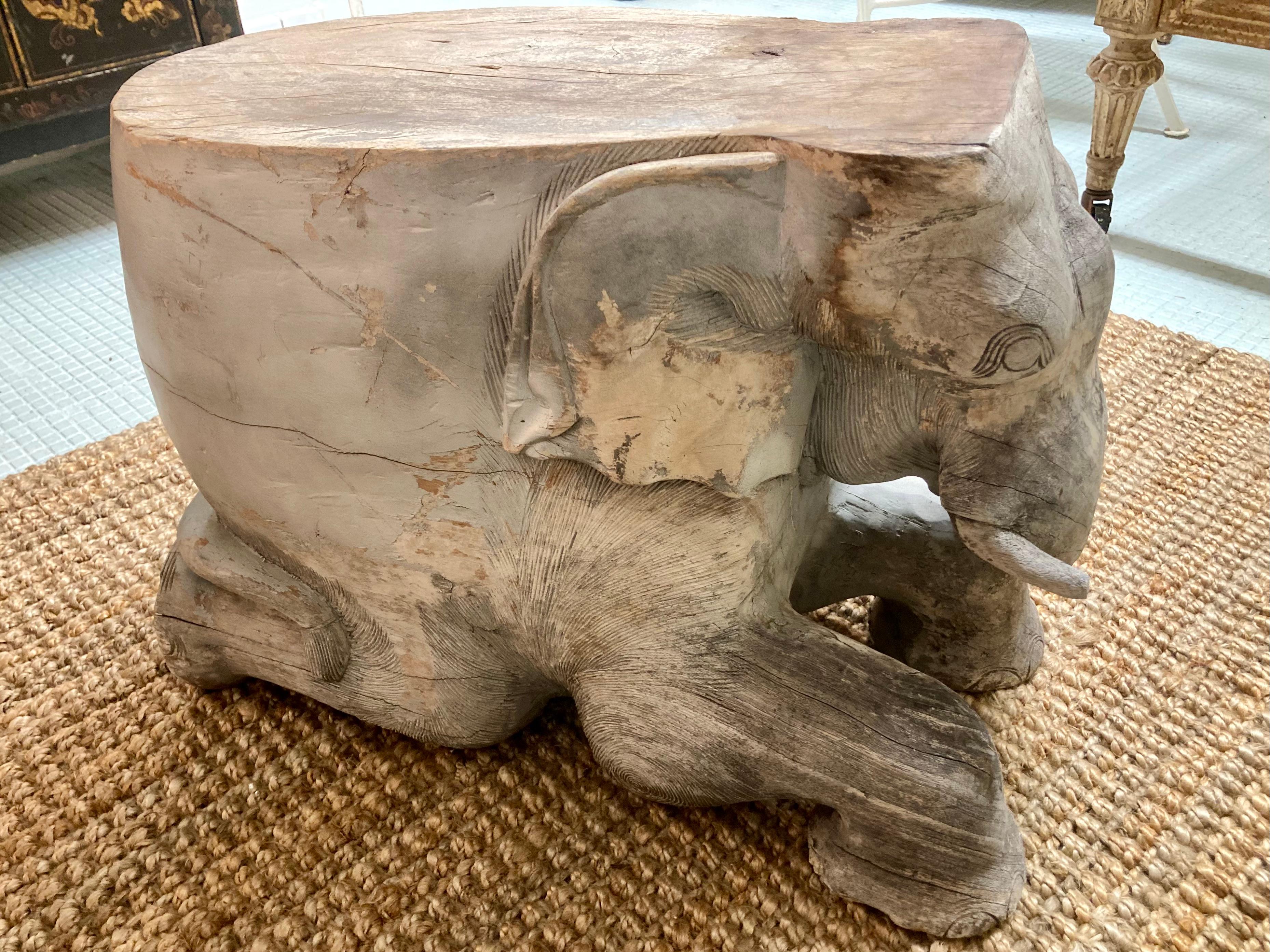 Contemporary Carved Wood Elephant Cocktail Table/Seat Right Trunk For Sale