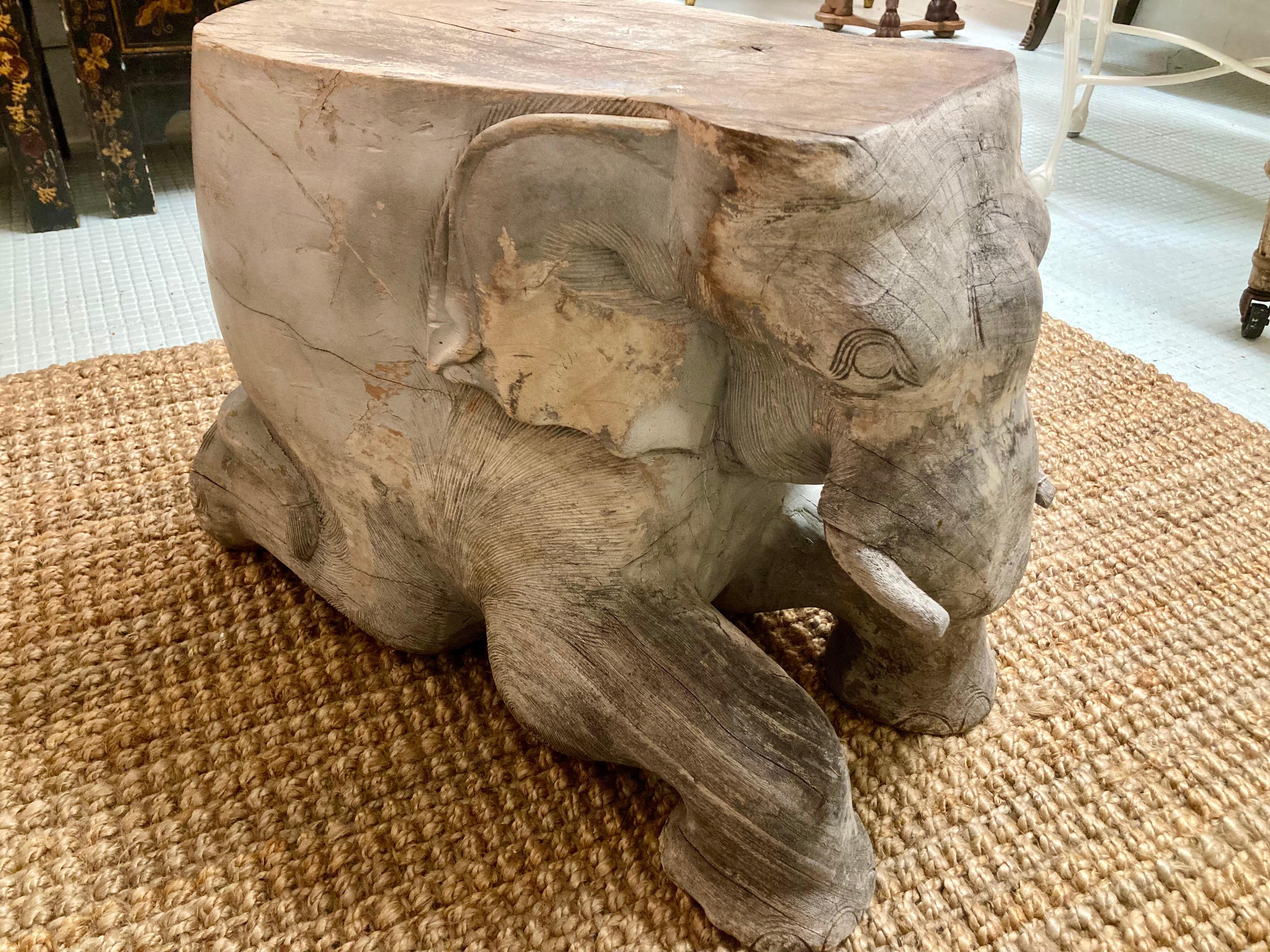 Carved Wood Elephant Cocktail Table/Seat Right Trunk For Sale 2