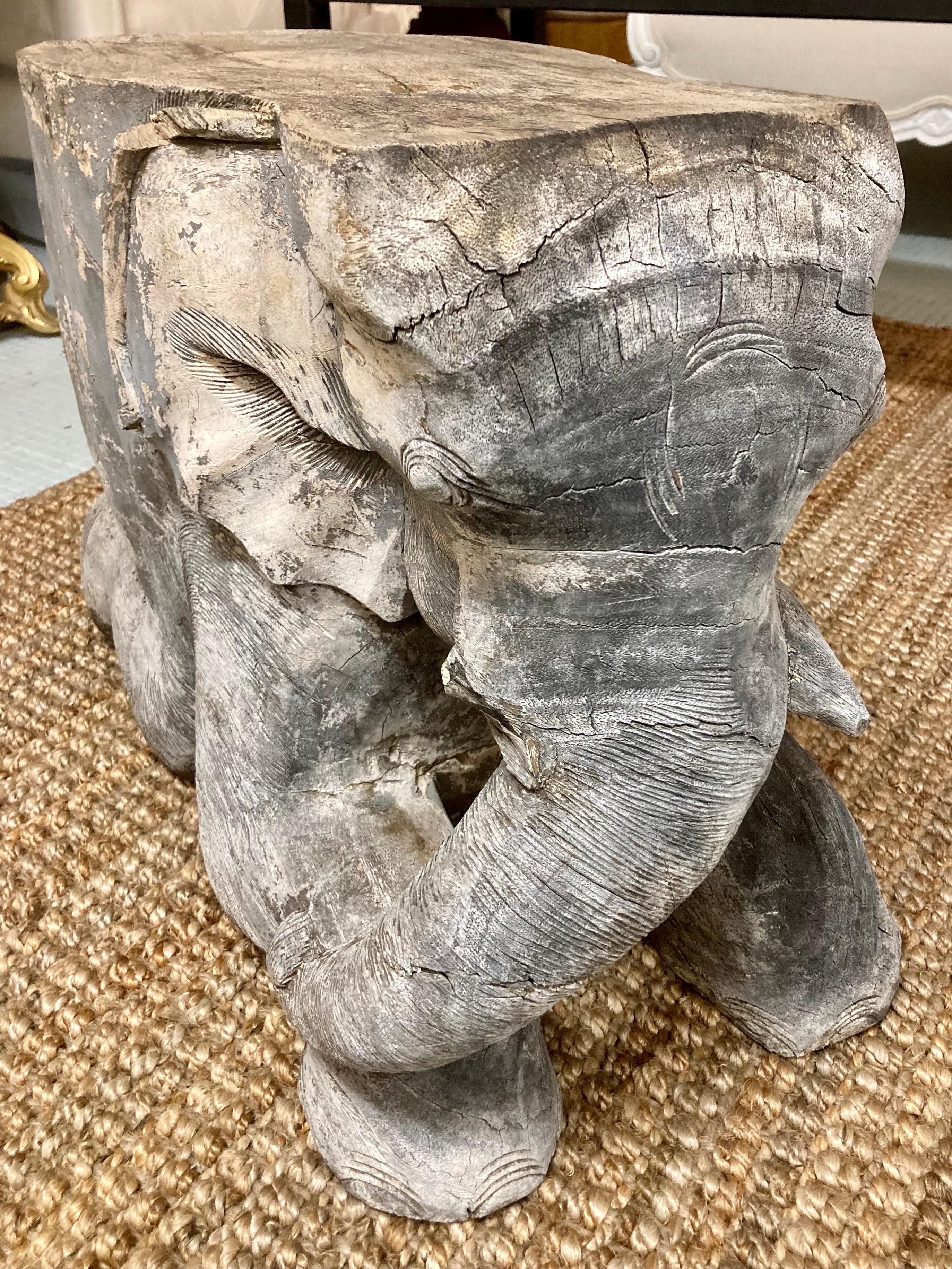 Carved Wood Elephant Cocktail Table/Seat With Left Trunk For Sale 4
