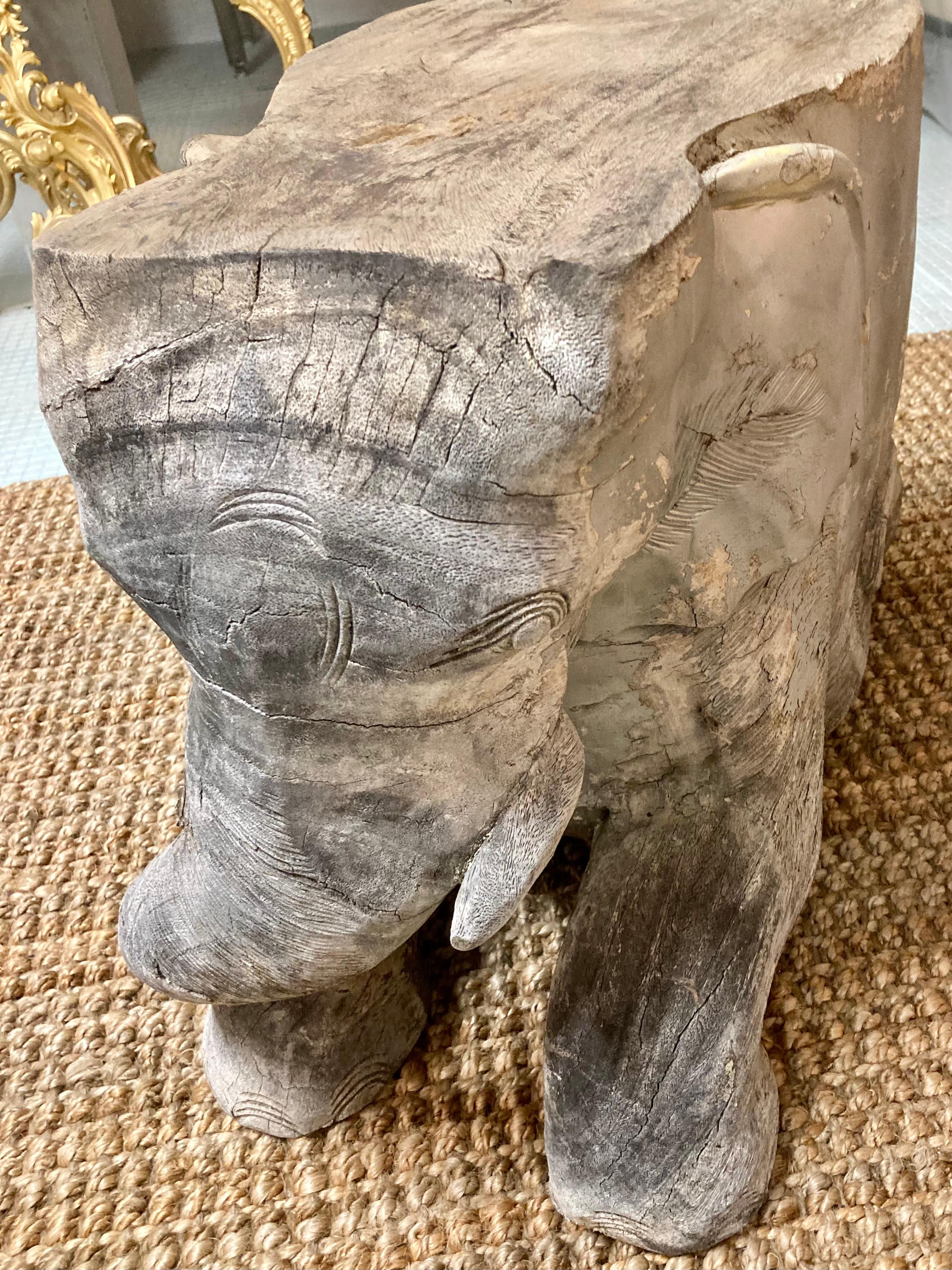 Carved Wood Elephant Cocktail Table/Seat With Left Trunk For Sale 6