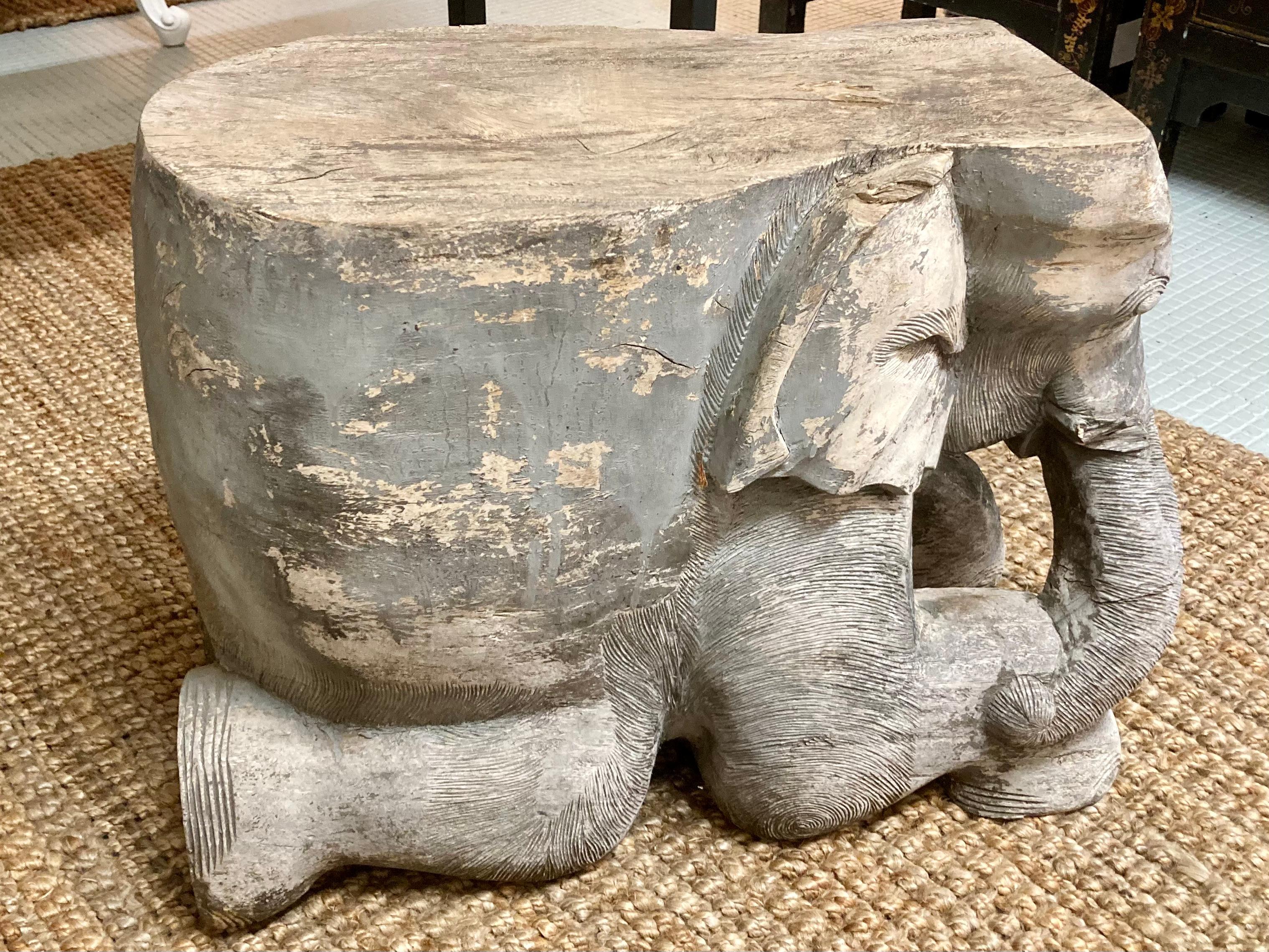 Contemporary Carved Wood Elephant Cocktail Table/Seat With Left Trunk For Sale