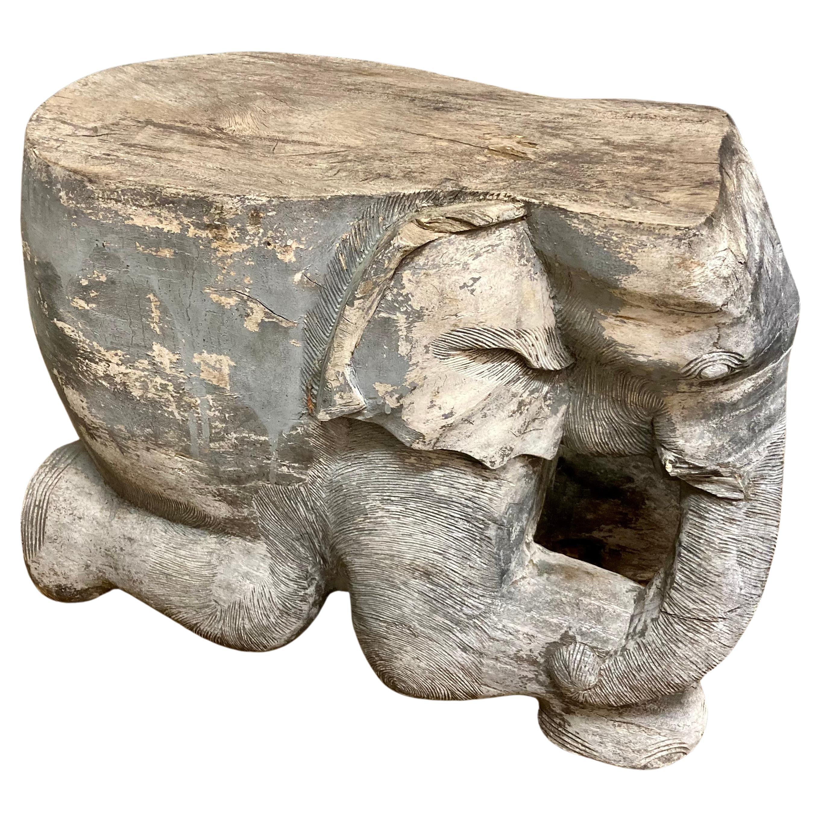 Carved Wood Elephant Cocktail Table/Seat With Left Trunk For Sale