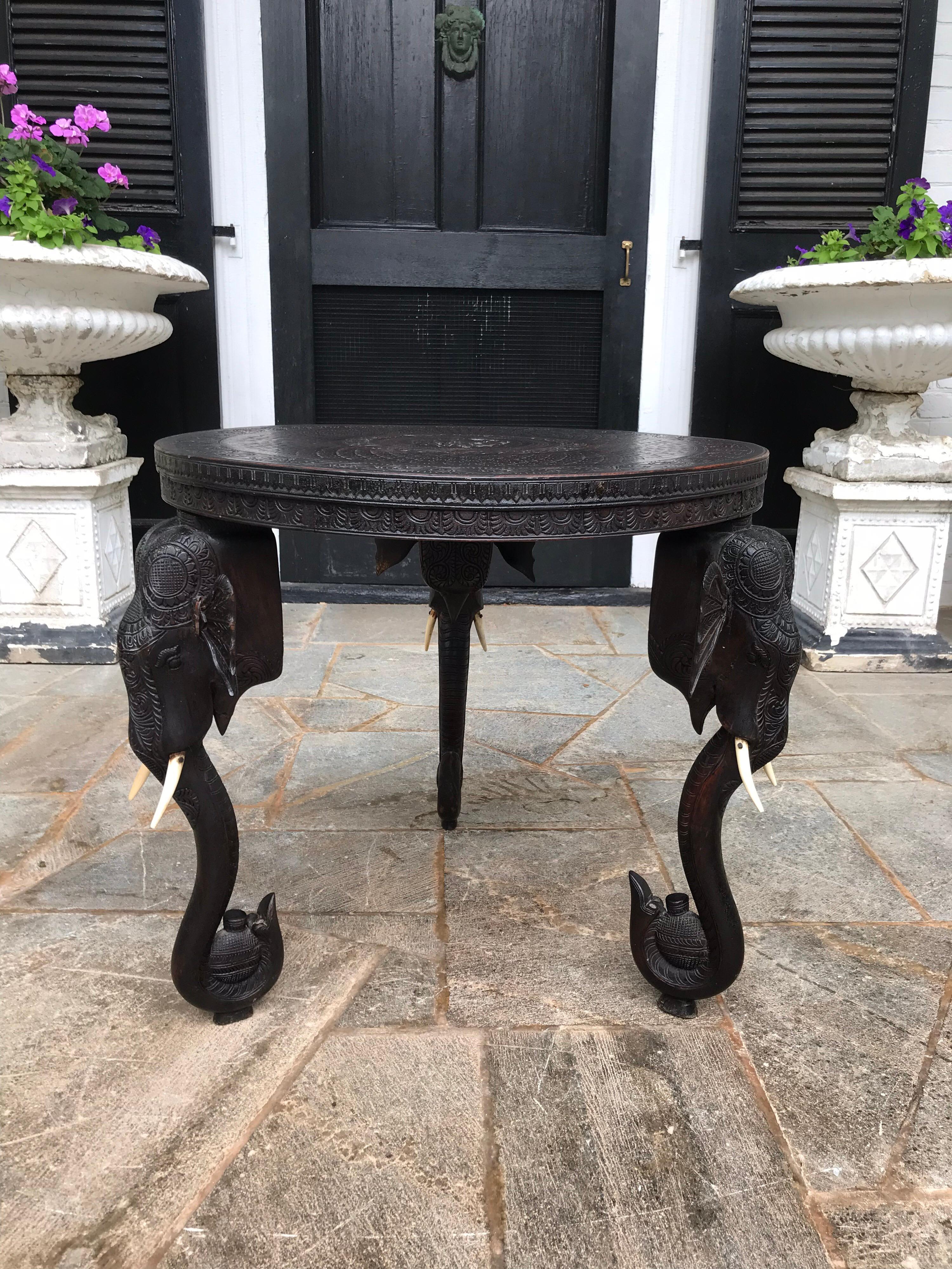 Hand-Carved Carved Wood Elephant Form Side Table