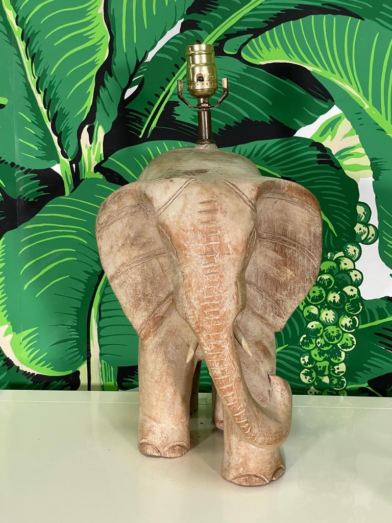 Carved Wood Elephant Table Lamp For Sale at 1stDibs