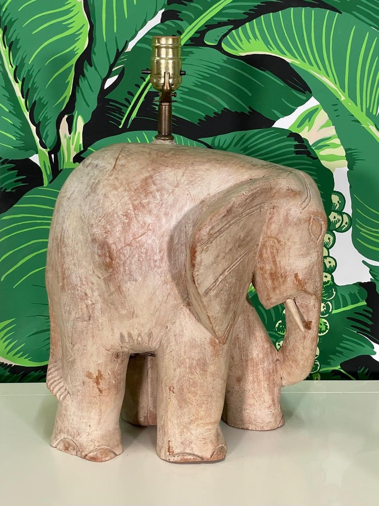 Carved Wood Elephant Table Lamp For Sale at 1stDibs