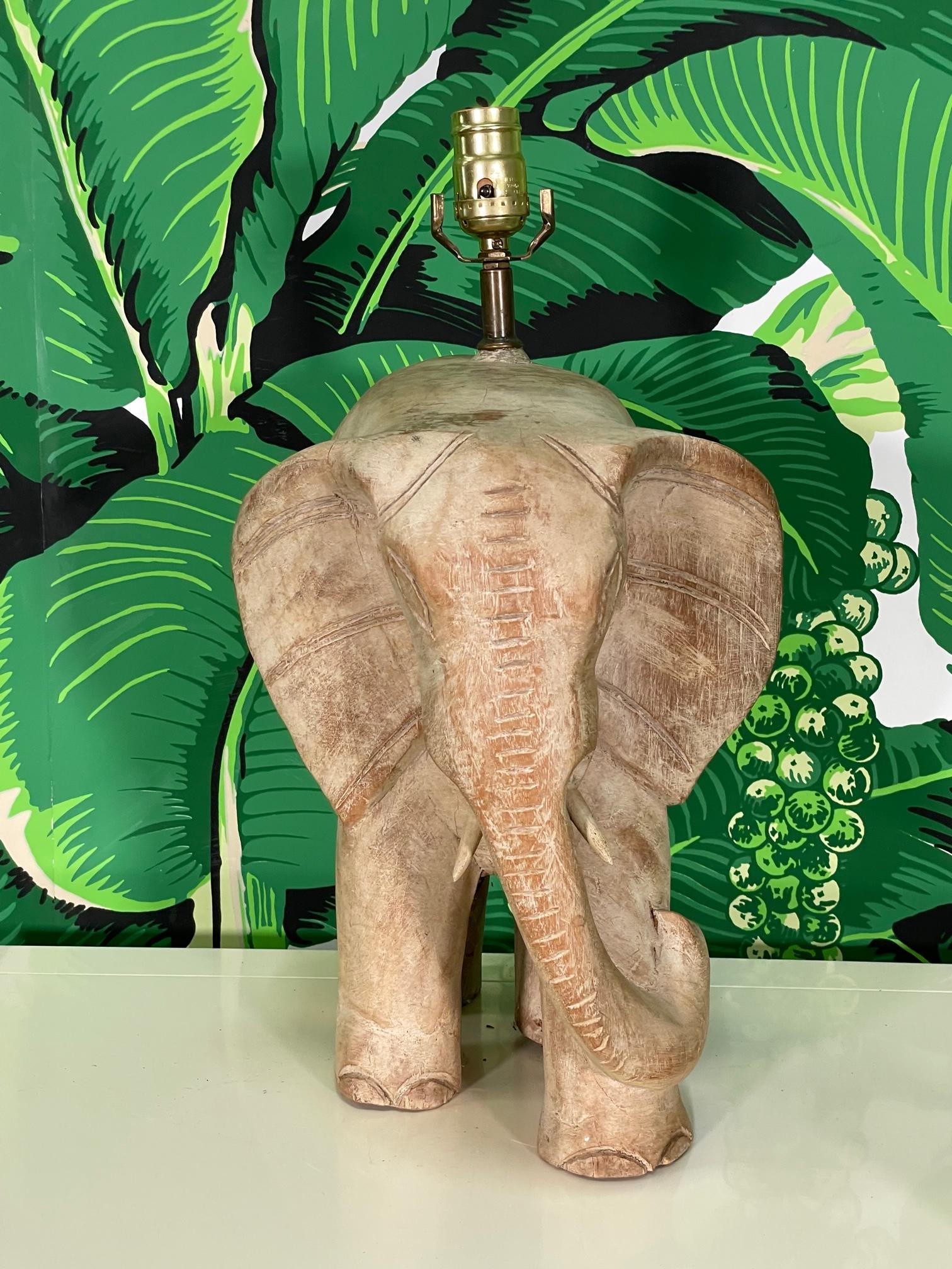 Carved Wood Elephant Table Lamp In Good Condition For Sale In Jacksonville, FL