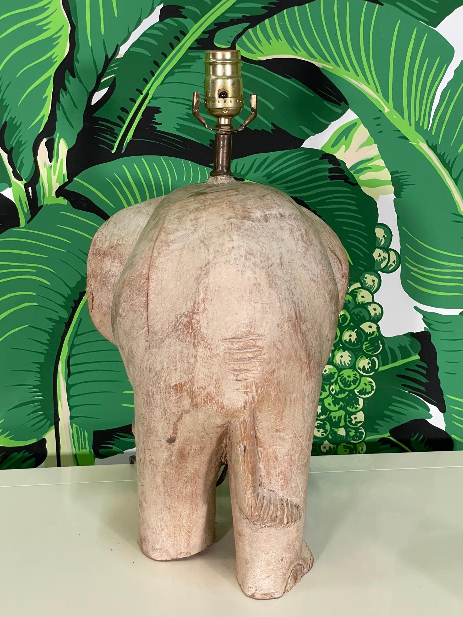 20th Century Carved Wood Elephant Table Lamp For Sale