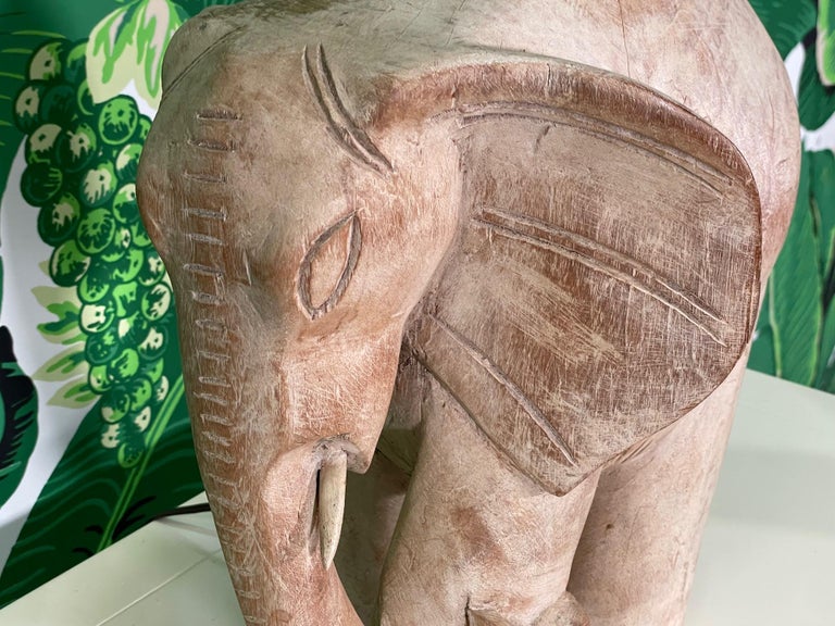 Carved Wood Elephant Table Lamp For Sale at 1stDibs