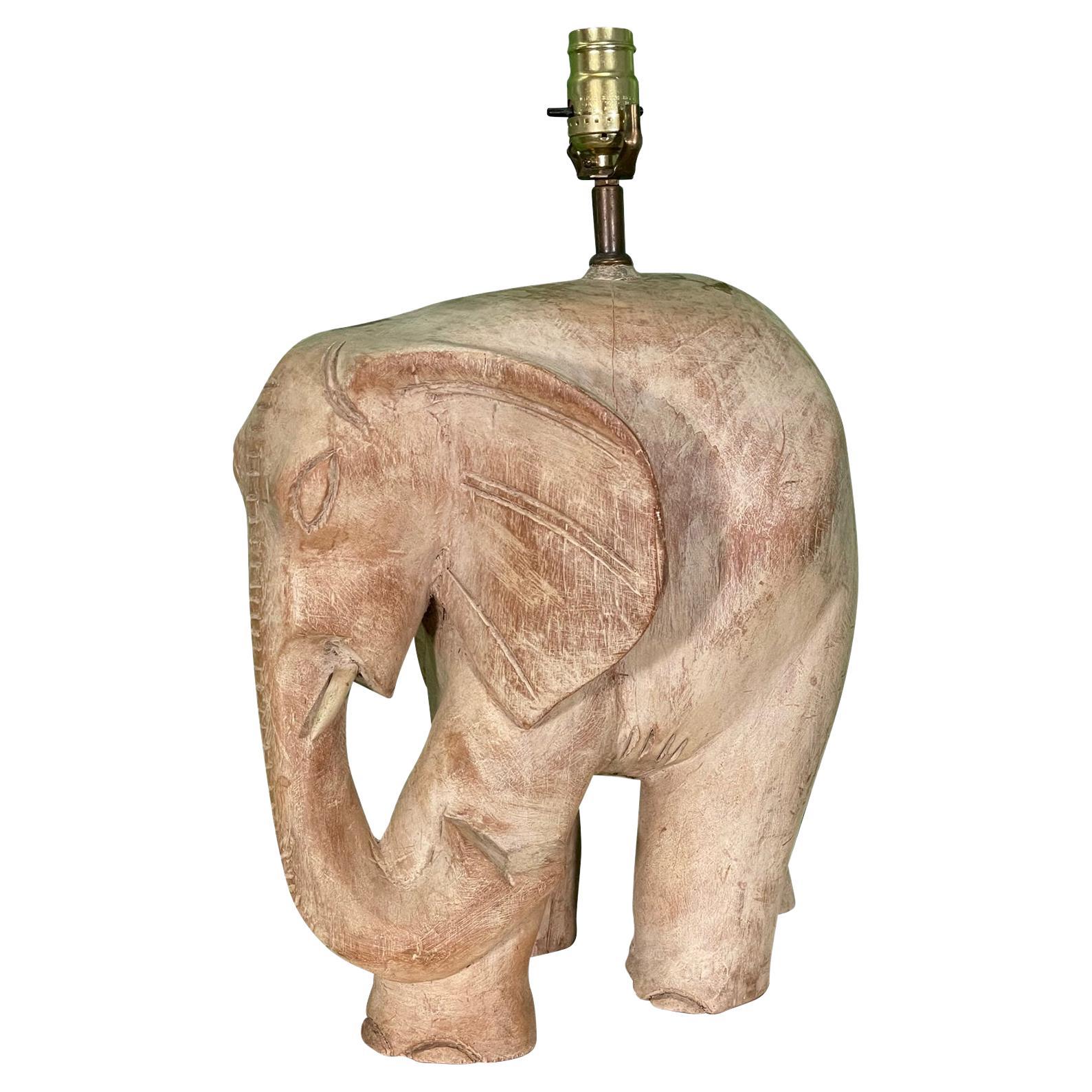 Carved Wood Elephant Table Lamp For Sale