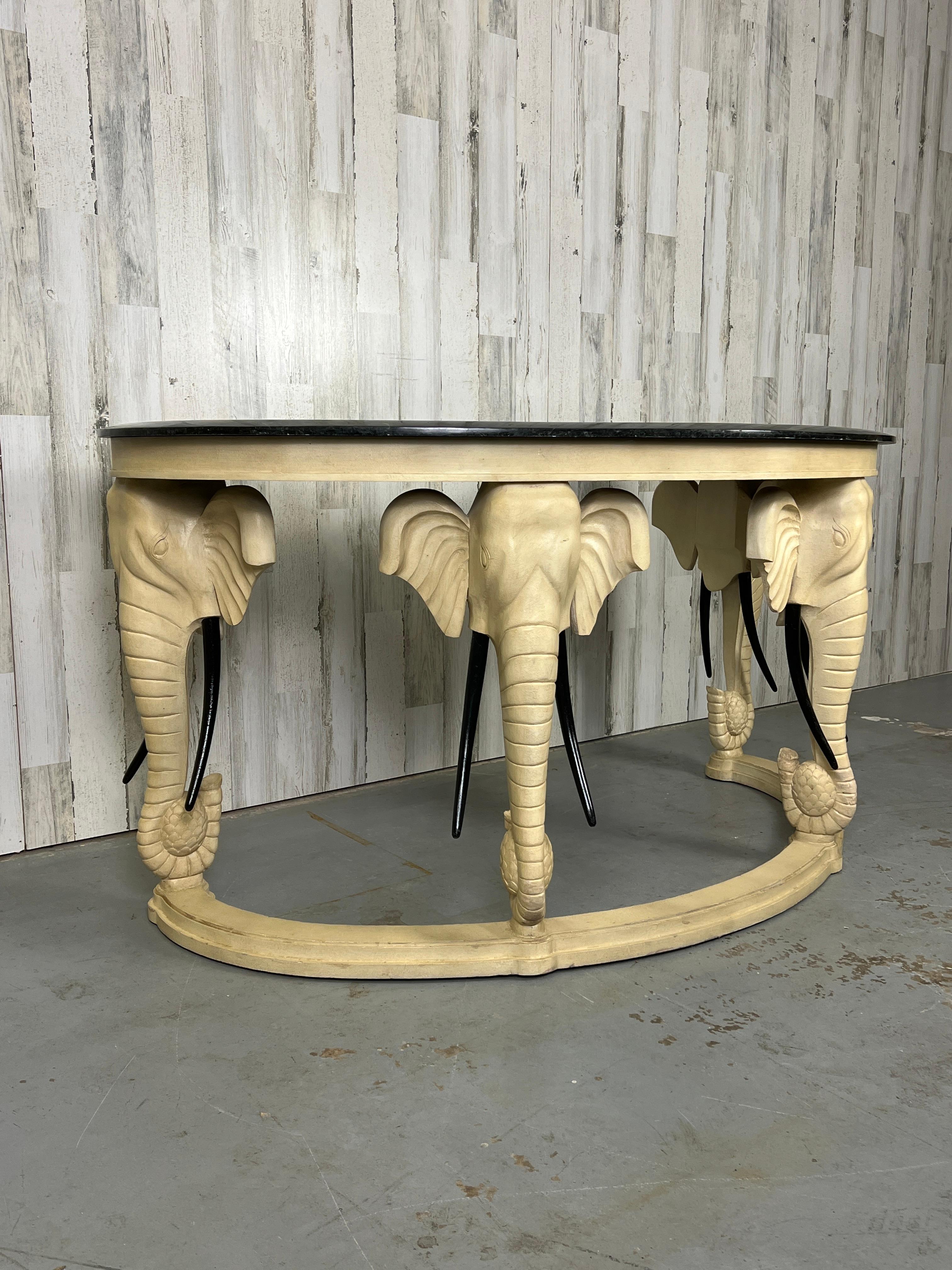 Modern Carved Wood Elephants with Tessellated Stone Top Desk