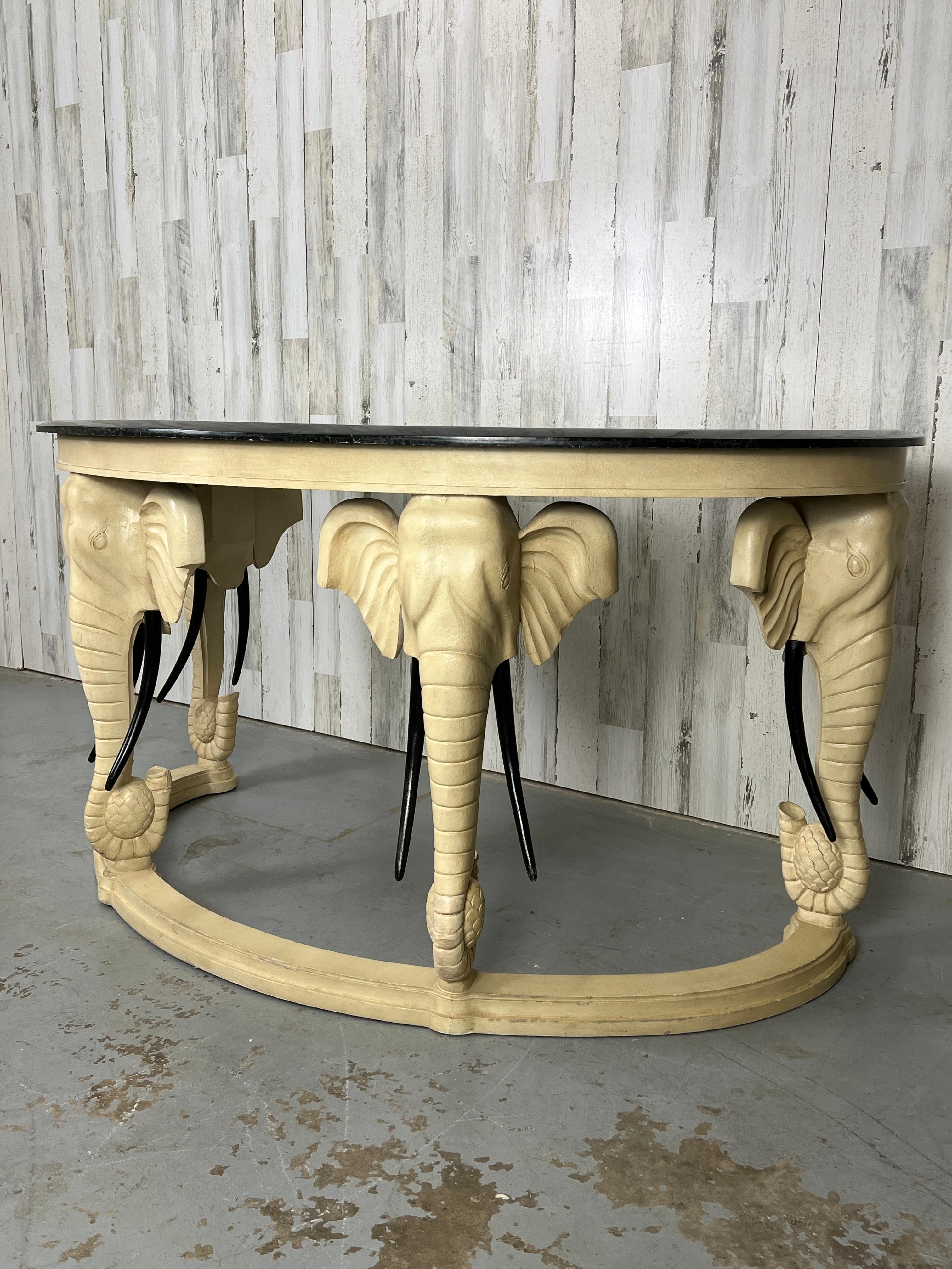 Philippine Carved Wood Elephants with Tessellated Stone Top Desk