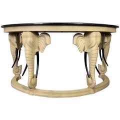 Carved Wood Elephants with Tessellated Stone Top Desk