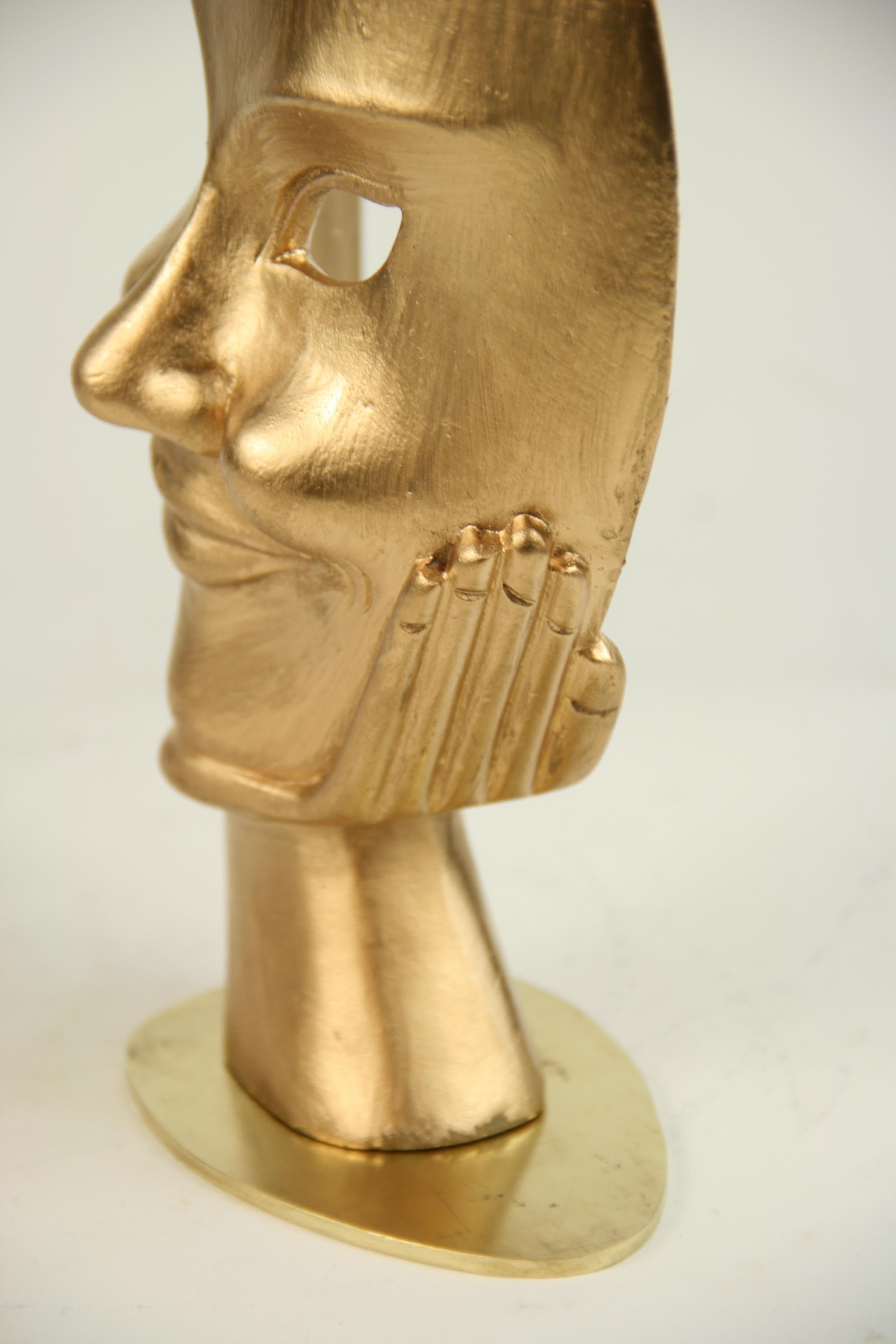 Late 20th Century Carved Wood Facial Sculpture on Brass Base