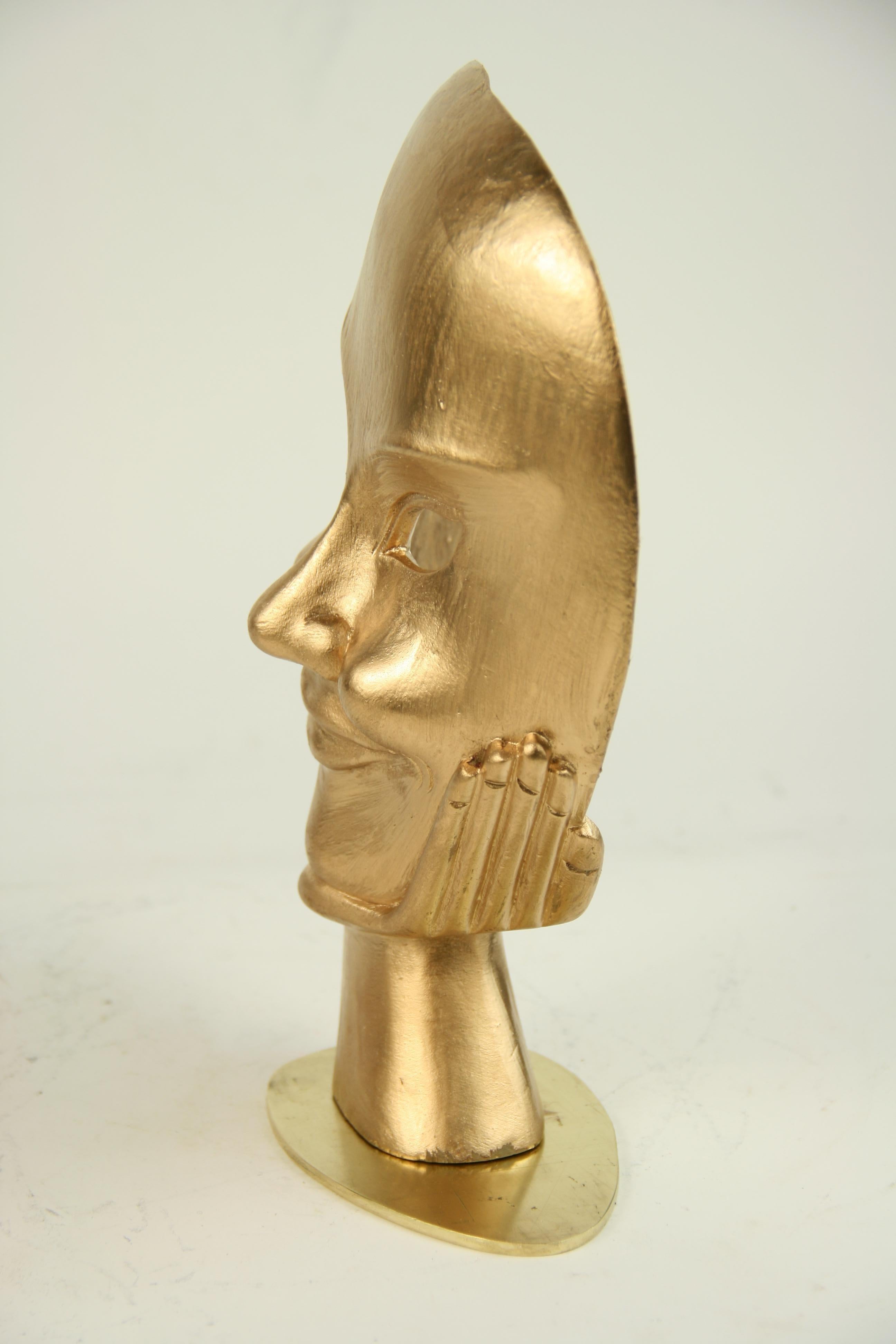 Carved Wood Facial Sculpture on Brass Base 1