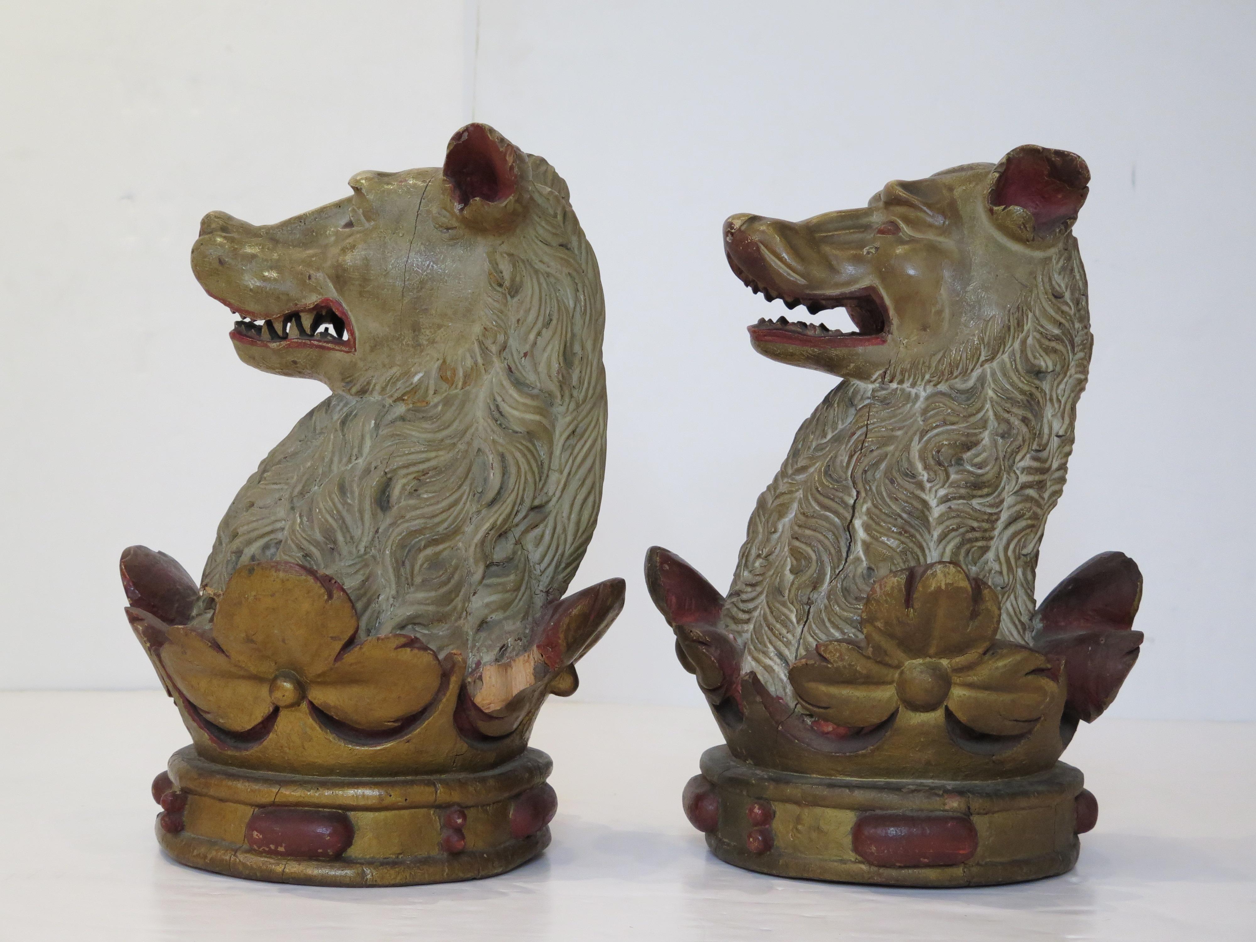 Hand-Painted Carved Wood Family Crests ''Out of a Ducal Coronet, Or, a Bear's Head Ppr.