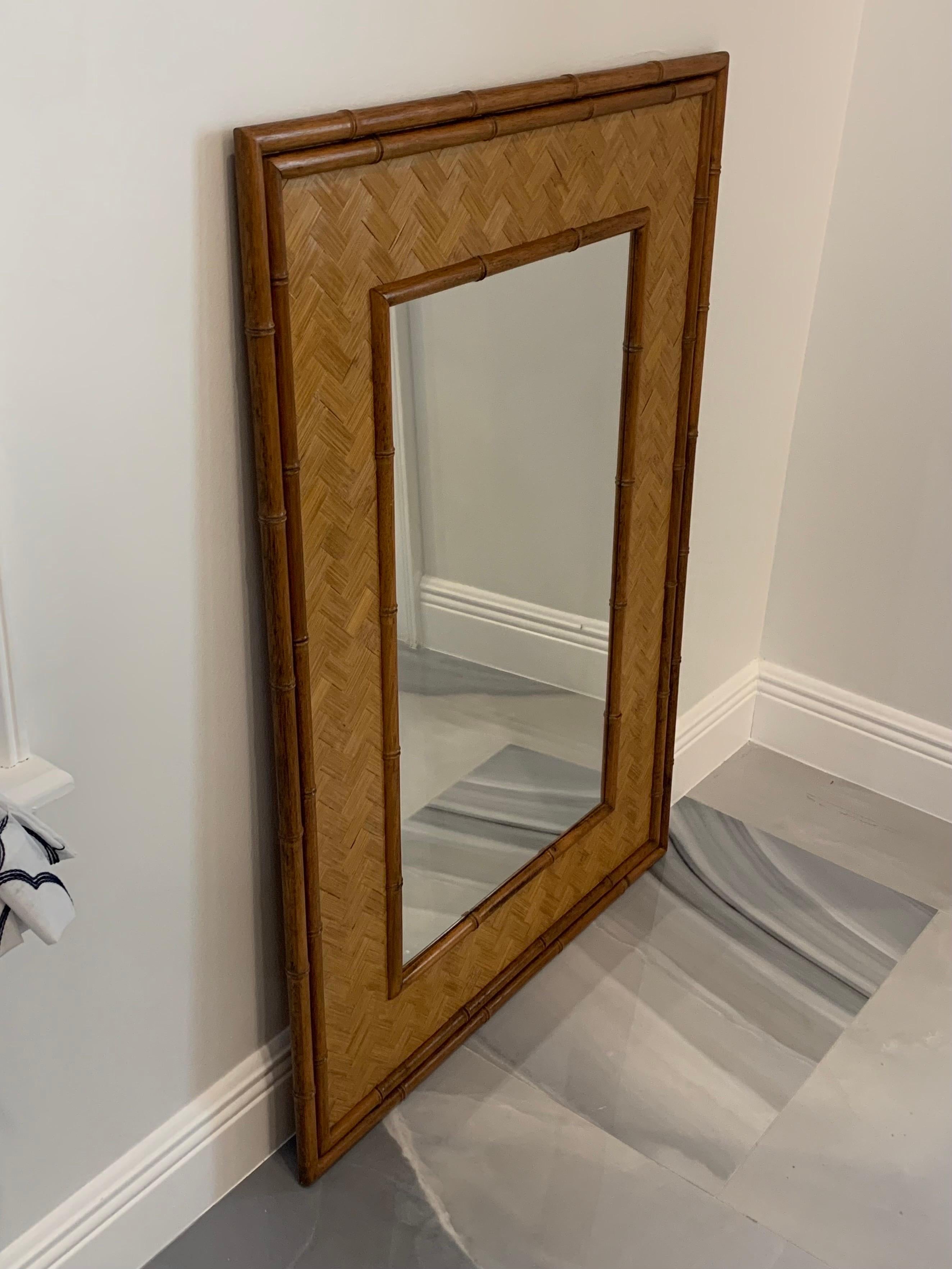 Carved Wood Faux Bamboo Mirror with Lattice Rattan circa 1970 For Sale 5