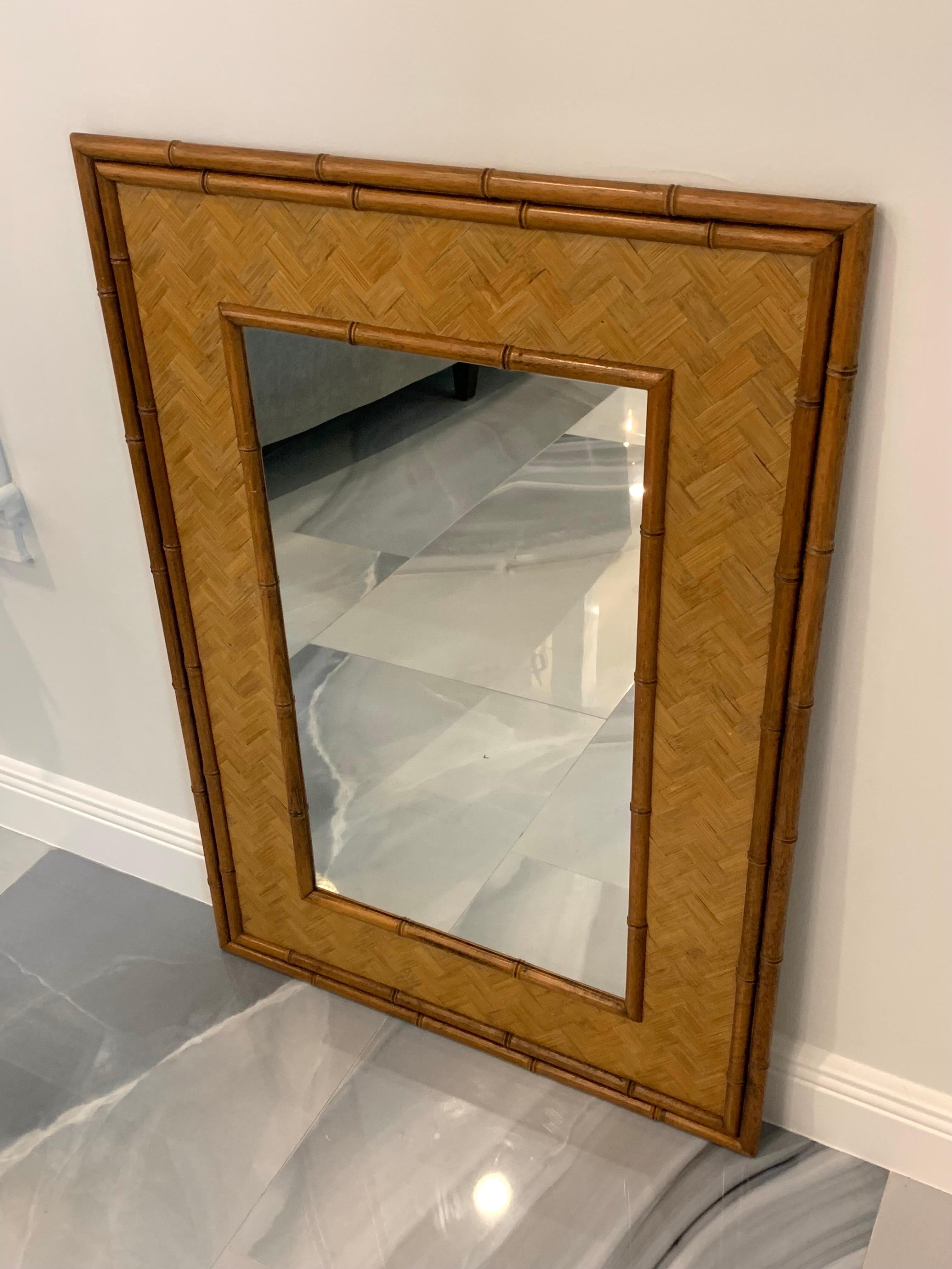 Bohemian Carved Wood Faux Bamboo Mirror with Lattice Rattan circa 1970