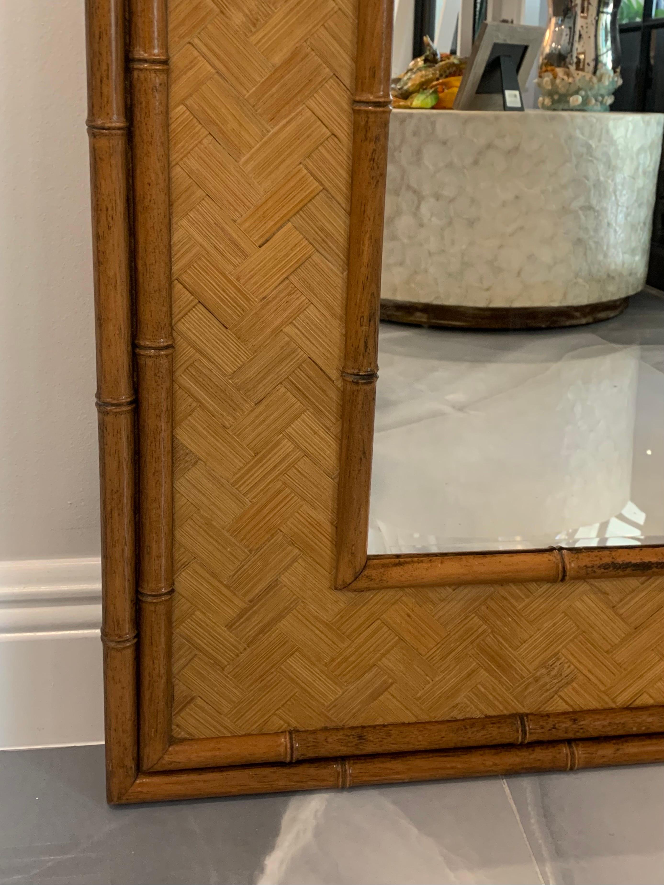 20th Century Carved Wood Faux Bamboo Mirror with Lattice Rattan circa 1970 For Sale
