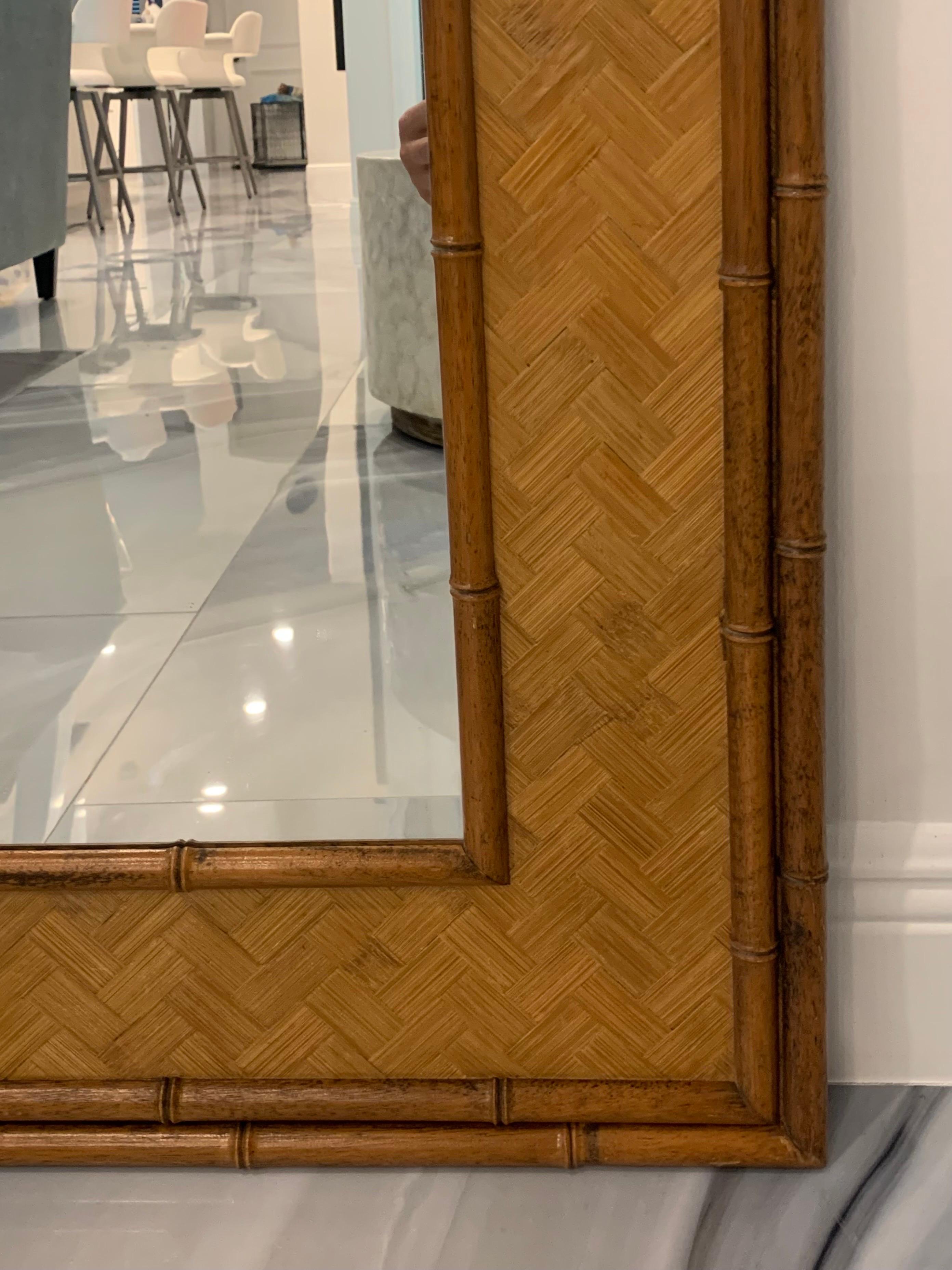 Carved Wood Faux Bamboo Mirror with Lattice Rattan circa 1970 1