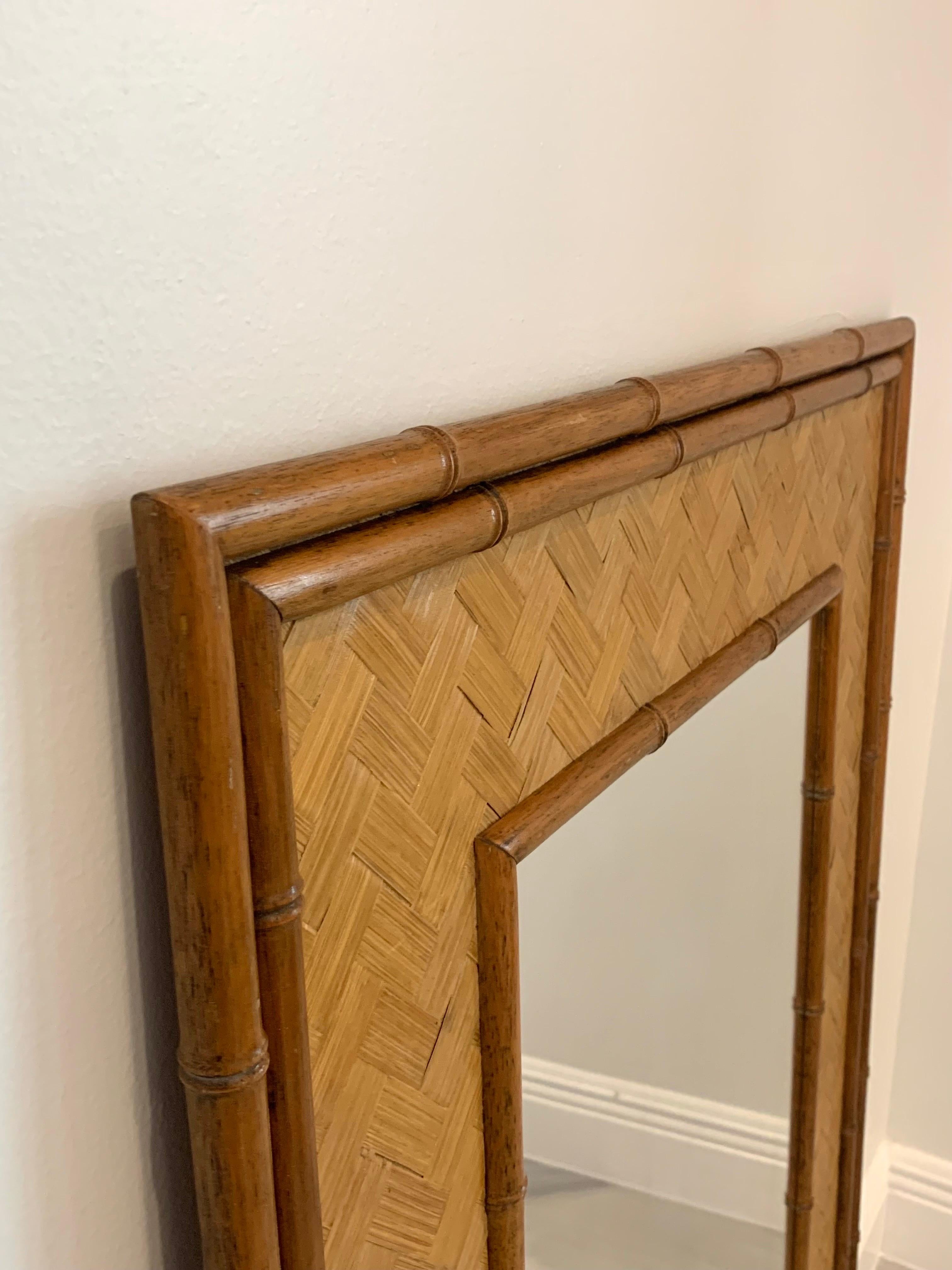 Carved Wood Faux Bamboo Mirror with Lattice Rattan circa 1970 For Sale 2
