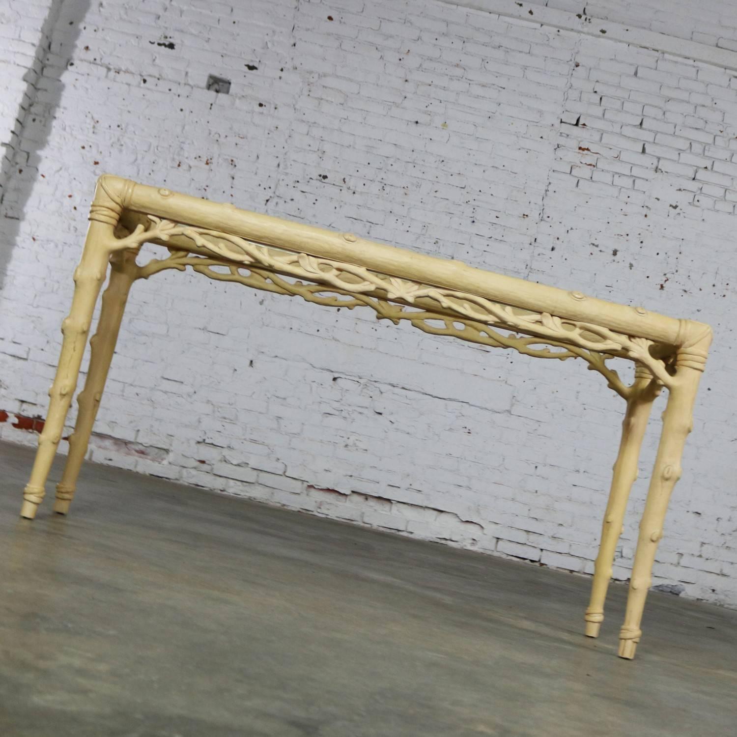 Carved Wood Faux Bois Sofa Console Table Ivory Painted Finish and Glass ...