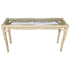 Carved Wood Faux Bois Sofa Console Table Ivory Painted Finish & Glass Top Insert