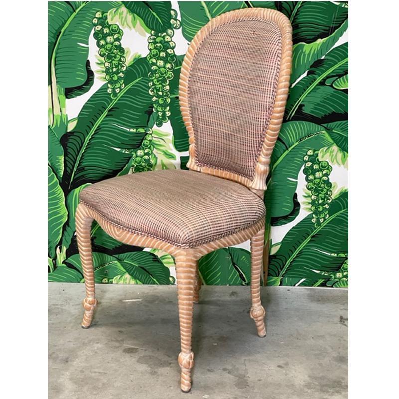 Set of six carved wood dining chairs feature faux rope style frames with splayed legs. Good condition with imperfections consistent with age, see photos for condition details. 
For a shipping quote to your exact zip code, please message us.
