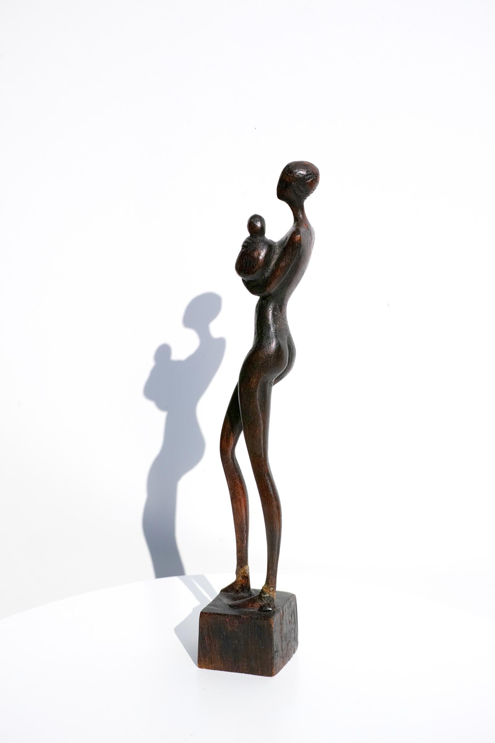 Scandinavian Modern Carved Wood Figural Sculpture of Woman and Child by Otto Pedersen, Denmark