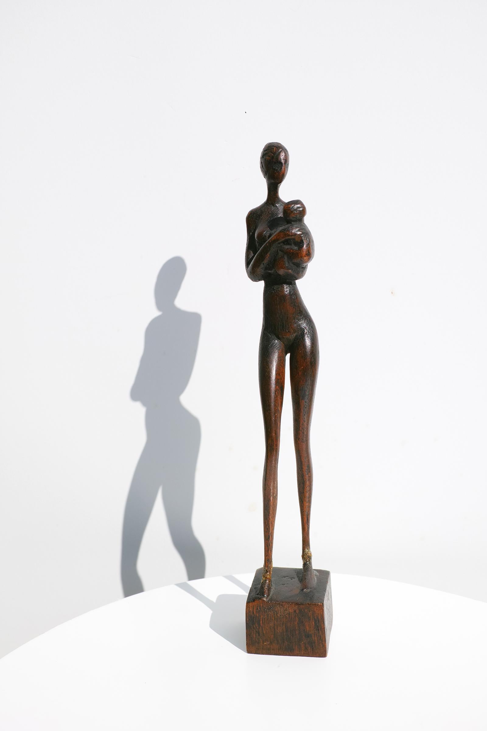 Hand-Carved Carved Wood Figural Sculpture of Woman and Child by Otto Pedersen, Denmark