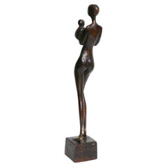 Carved Wood Figural Sculpture of Woman and Child by Otto Pedersen, Denmark