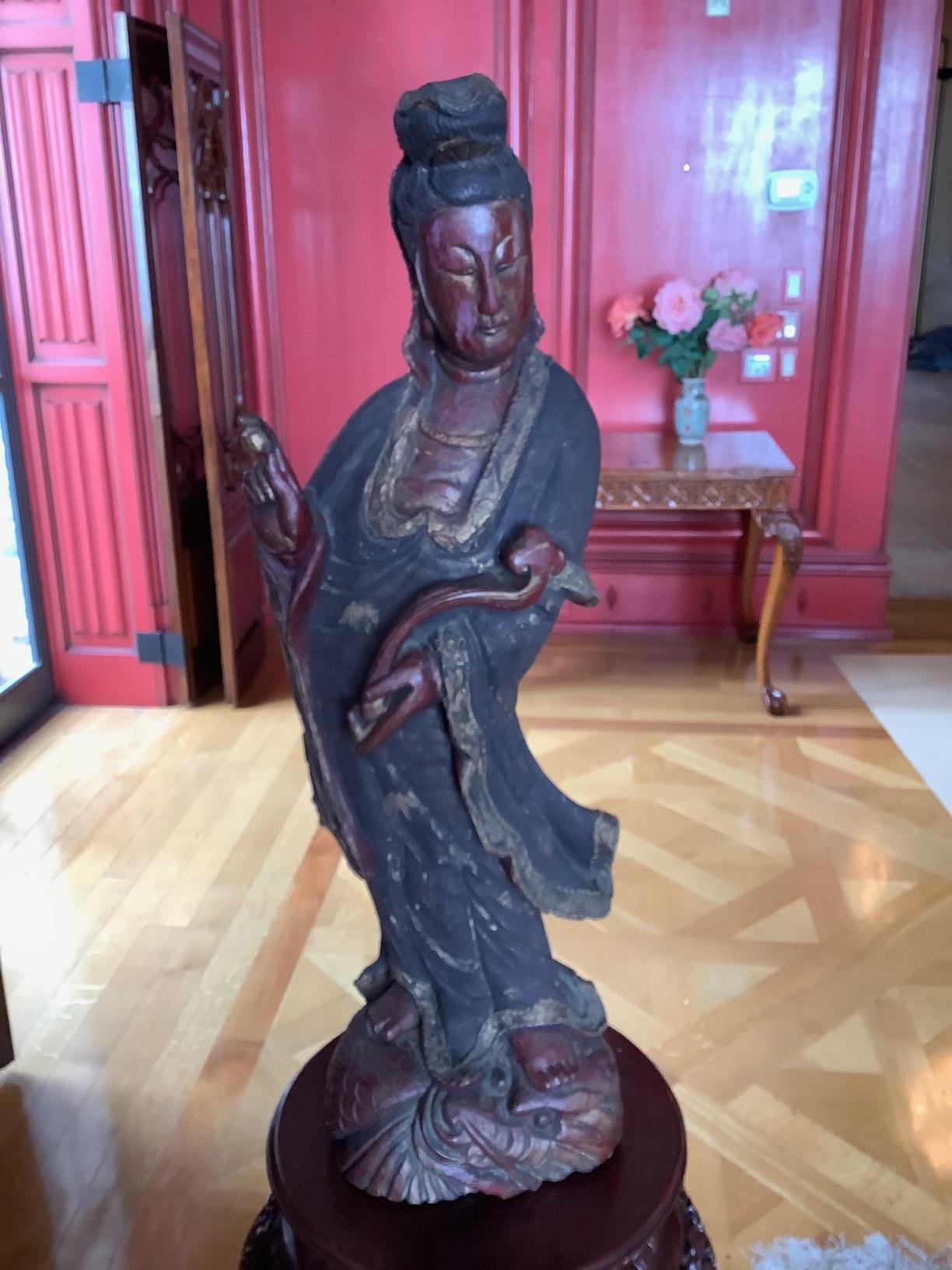 Balinese Standing Chinese Carved Wood Guanyin Figure, Circa 1920's