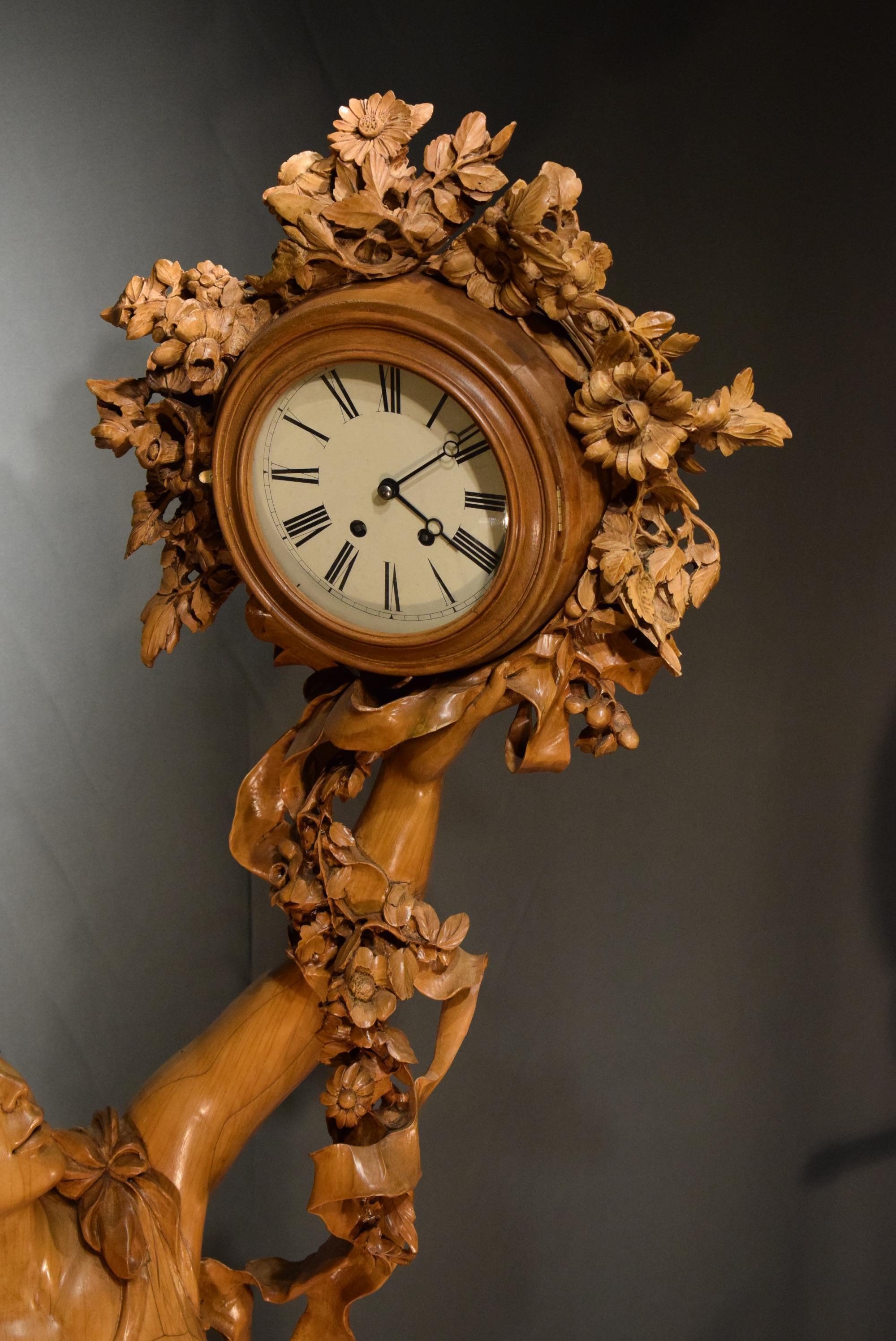 Carved Wood Figure of Woman with Clock For Sale 1